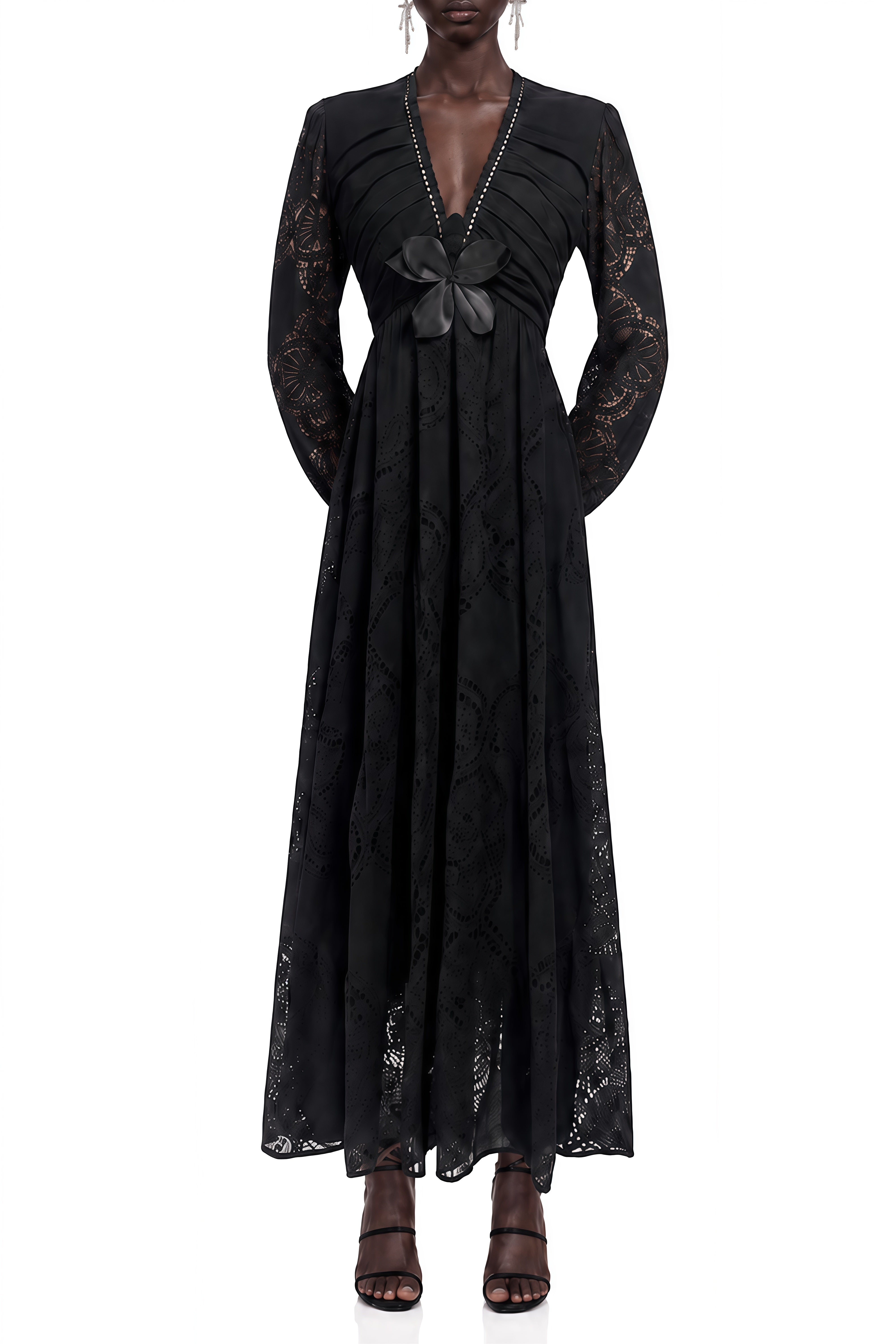 Amelia Black Puff Sleeve Ruched Maxi Dress
