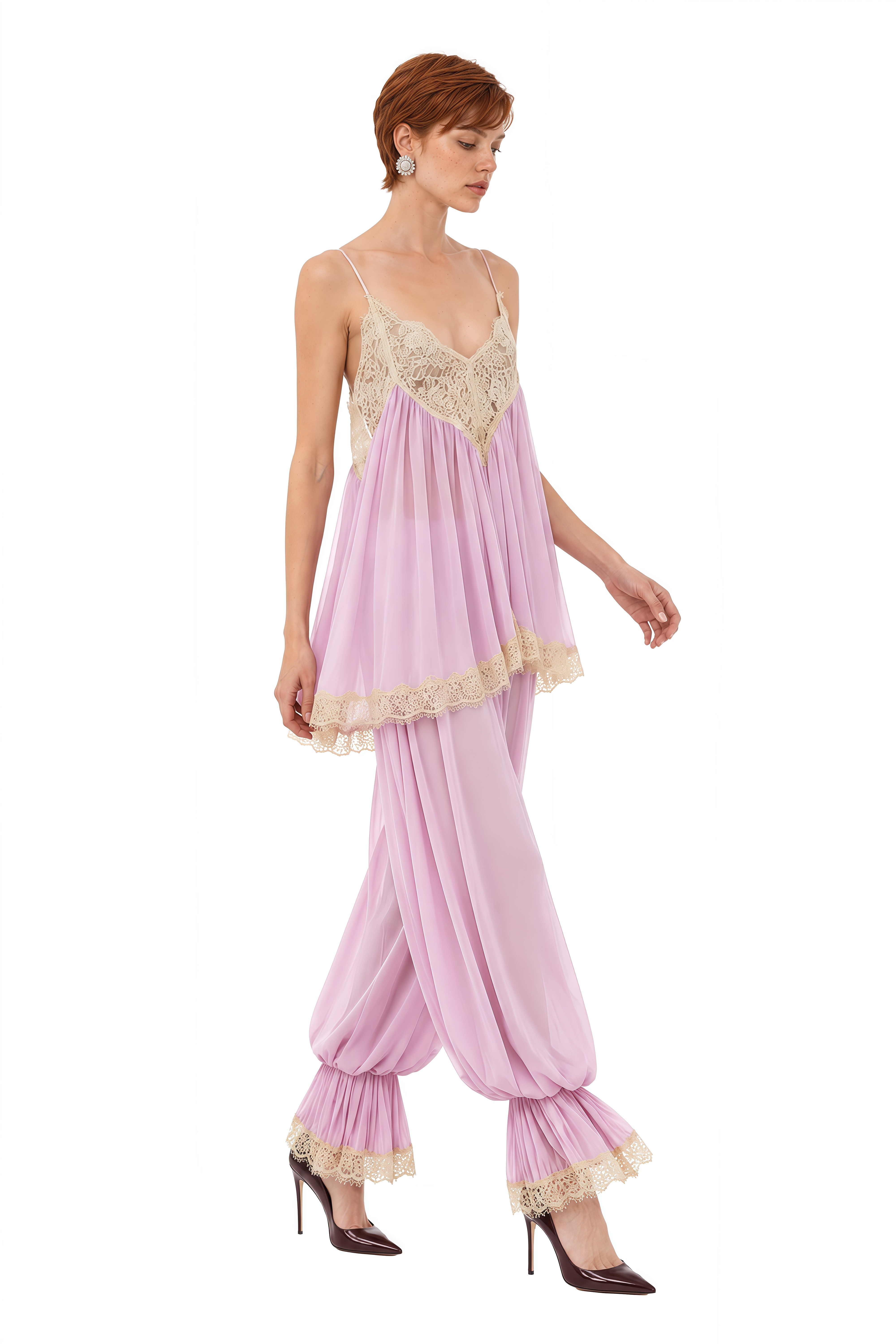 Flora Pink Draped Lace Top & Trousers Set