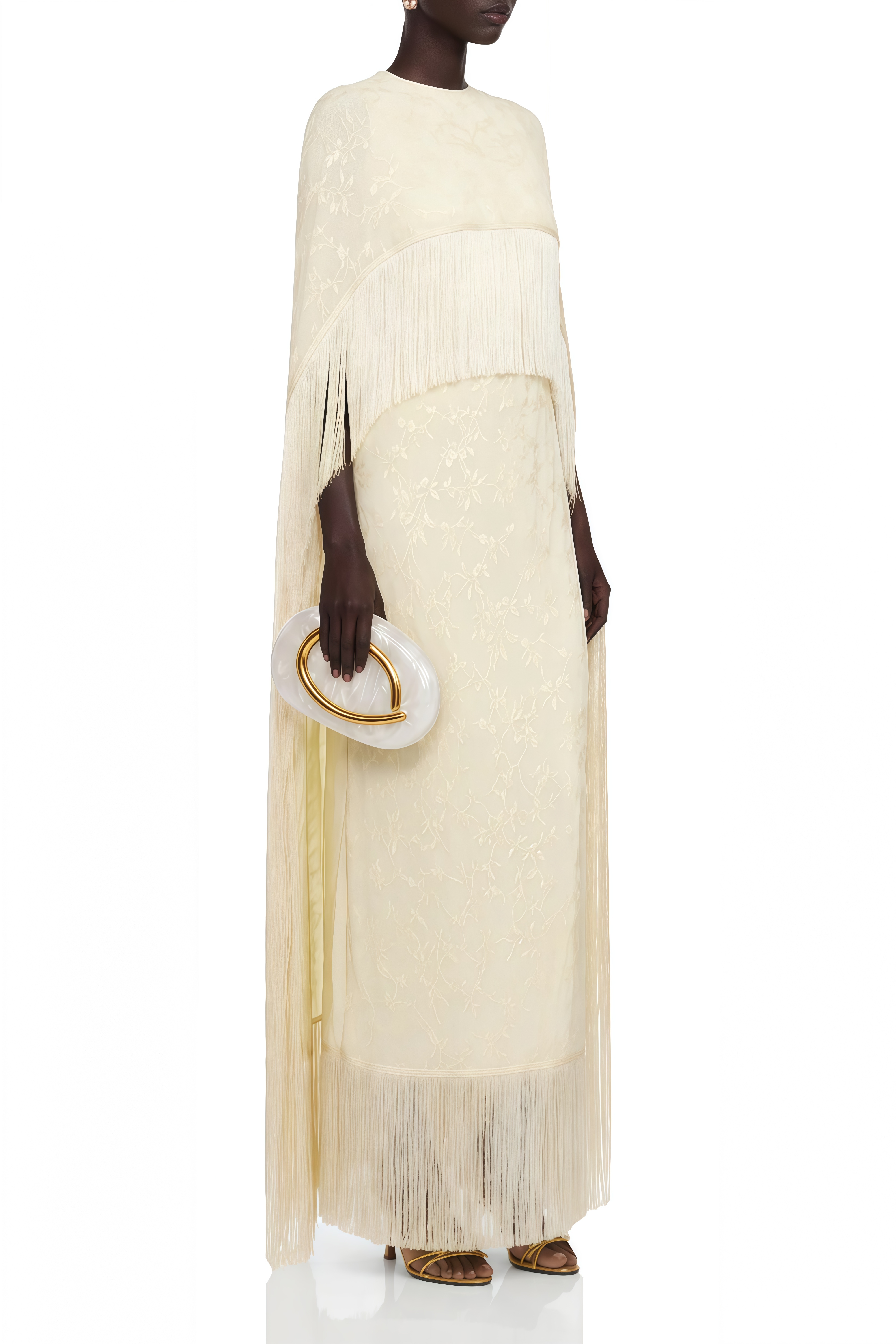 Mireille Yellow Cape Design Fringe Maxi Dress