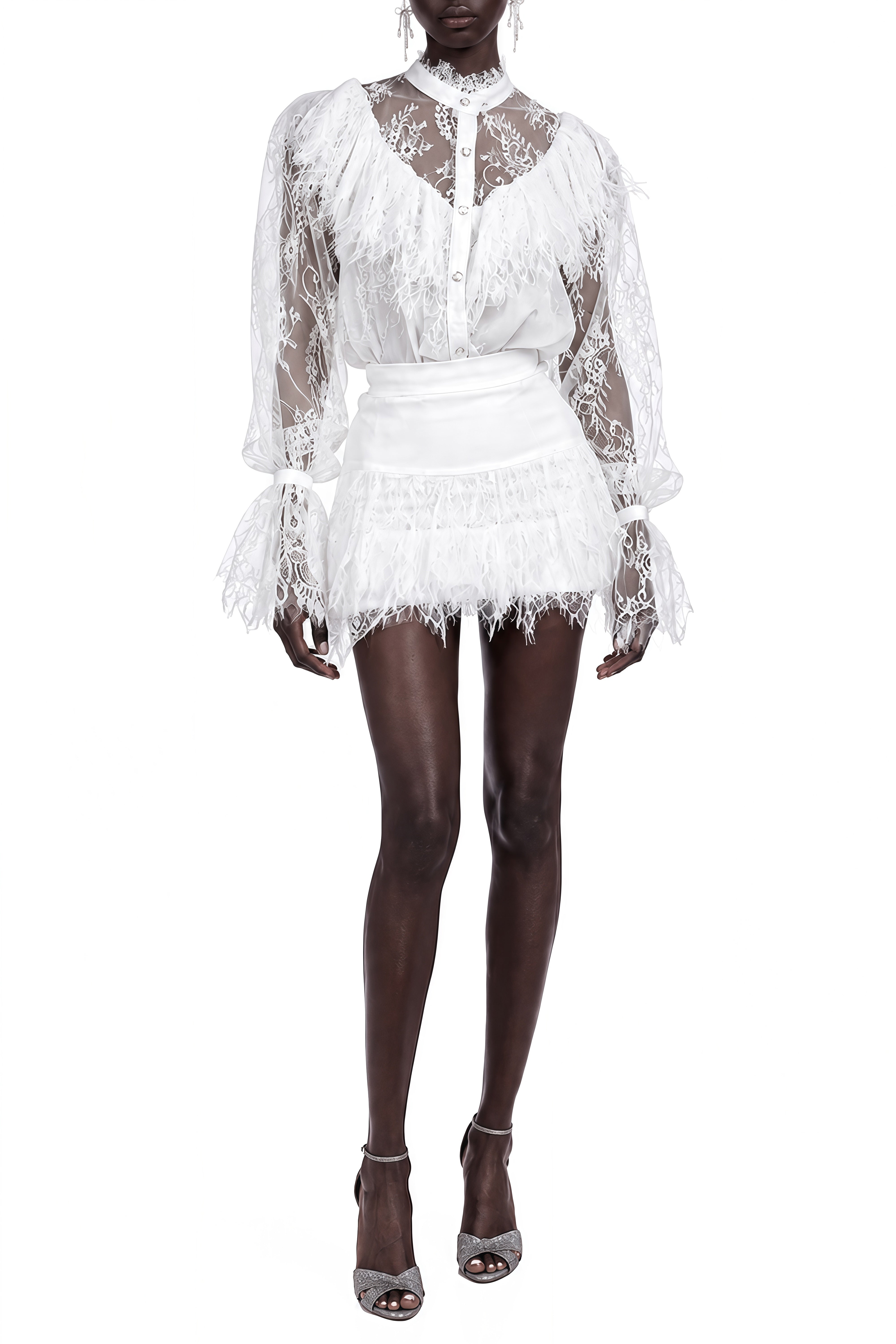Eulalia White Turtleneck Lace Top & Skirt Set
