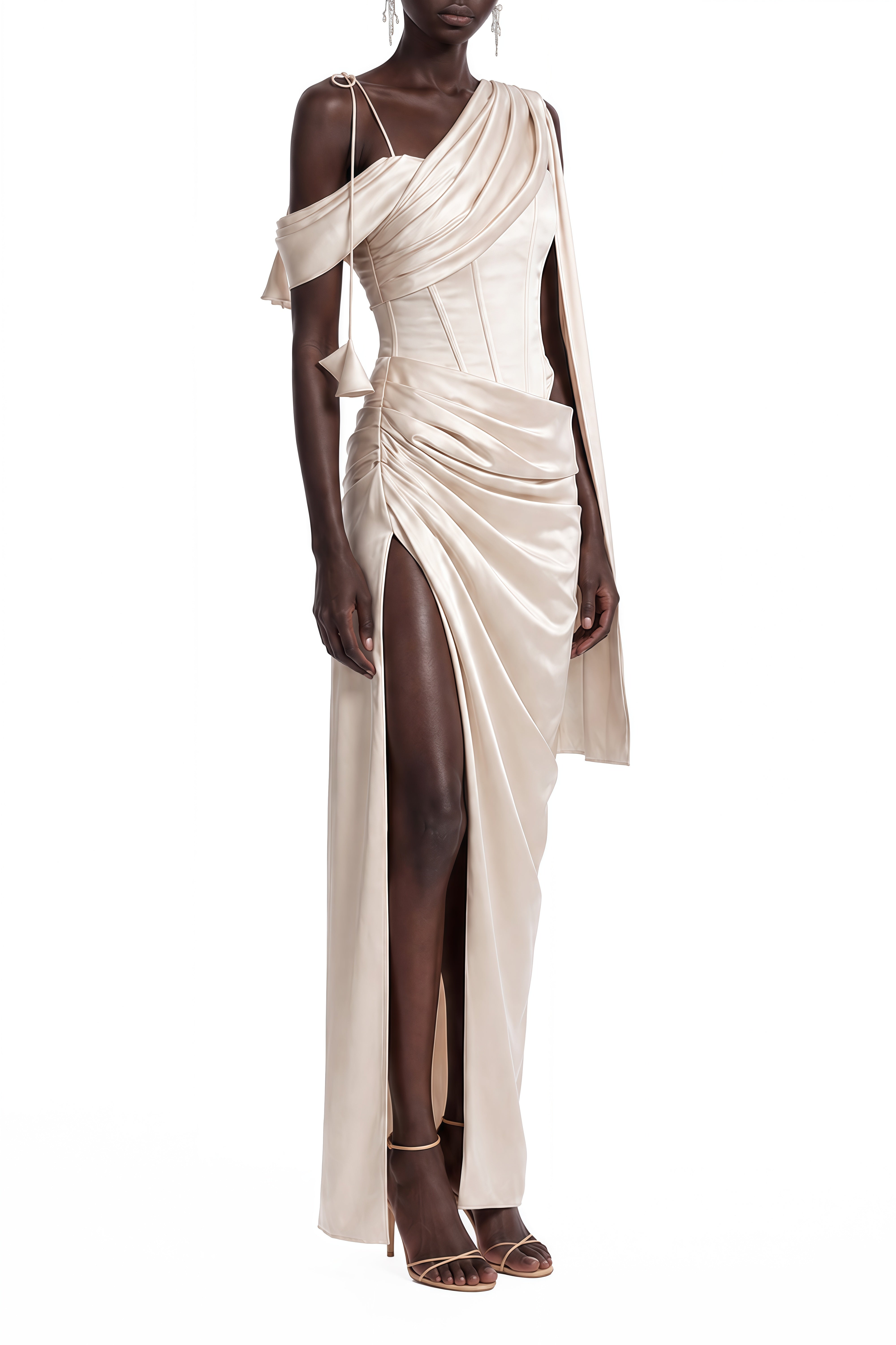 Estelle Champagne Asymmetrical Draped Maxi Dress