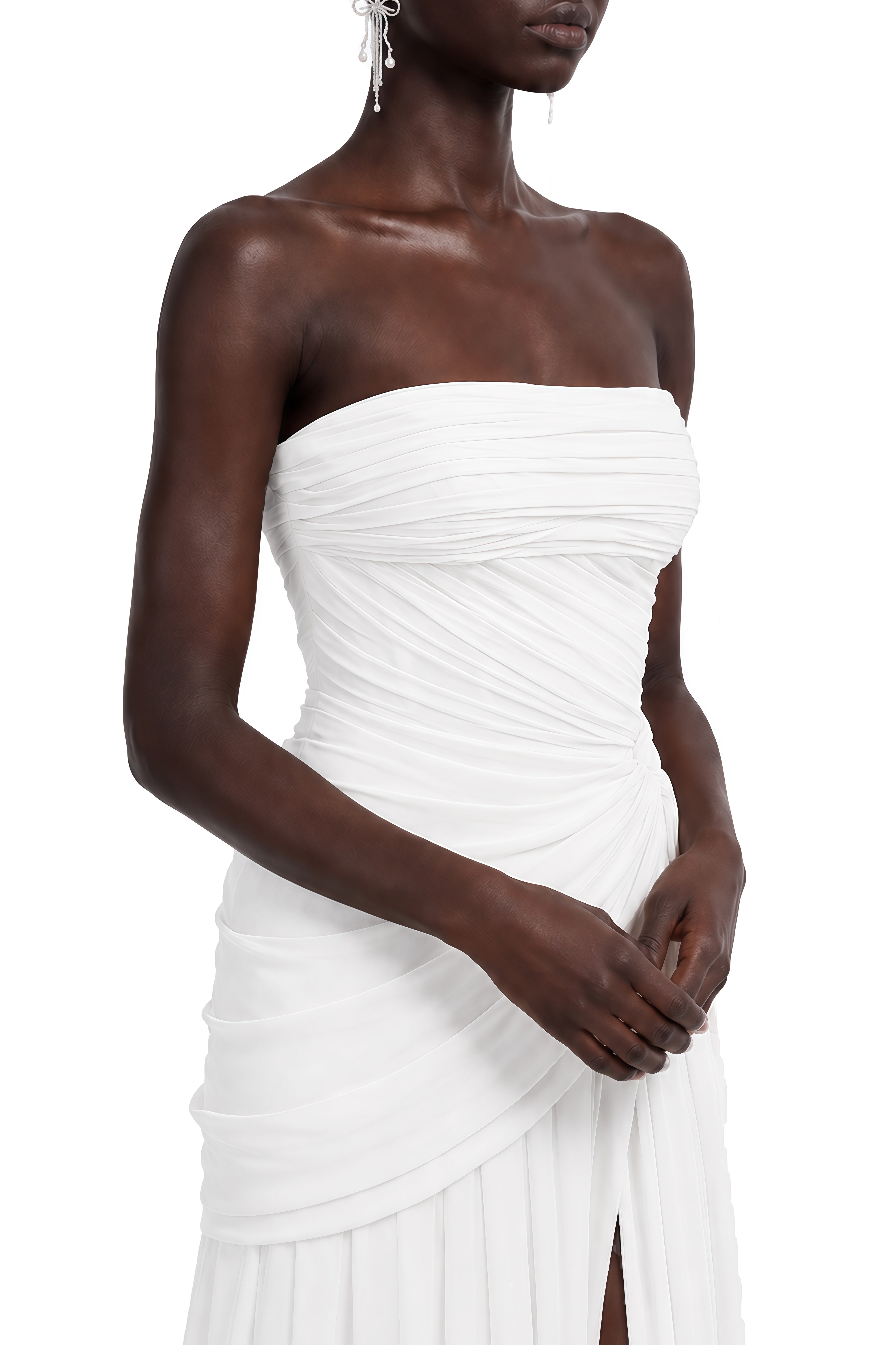 Celine White Sleeveless Ruched Maxi Dress