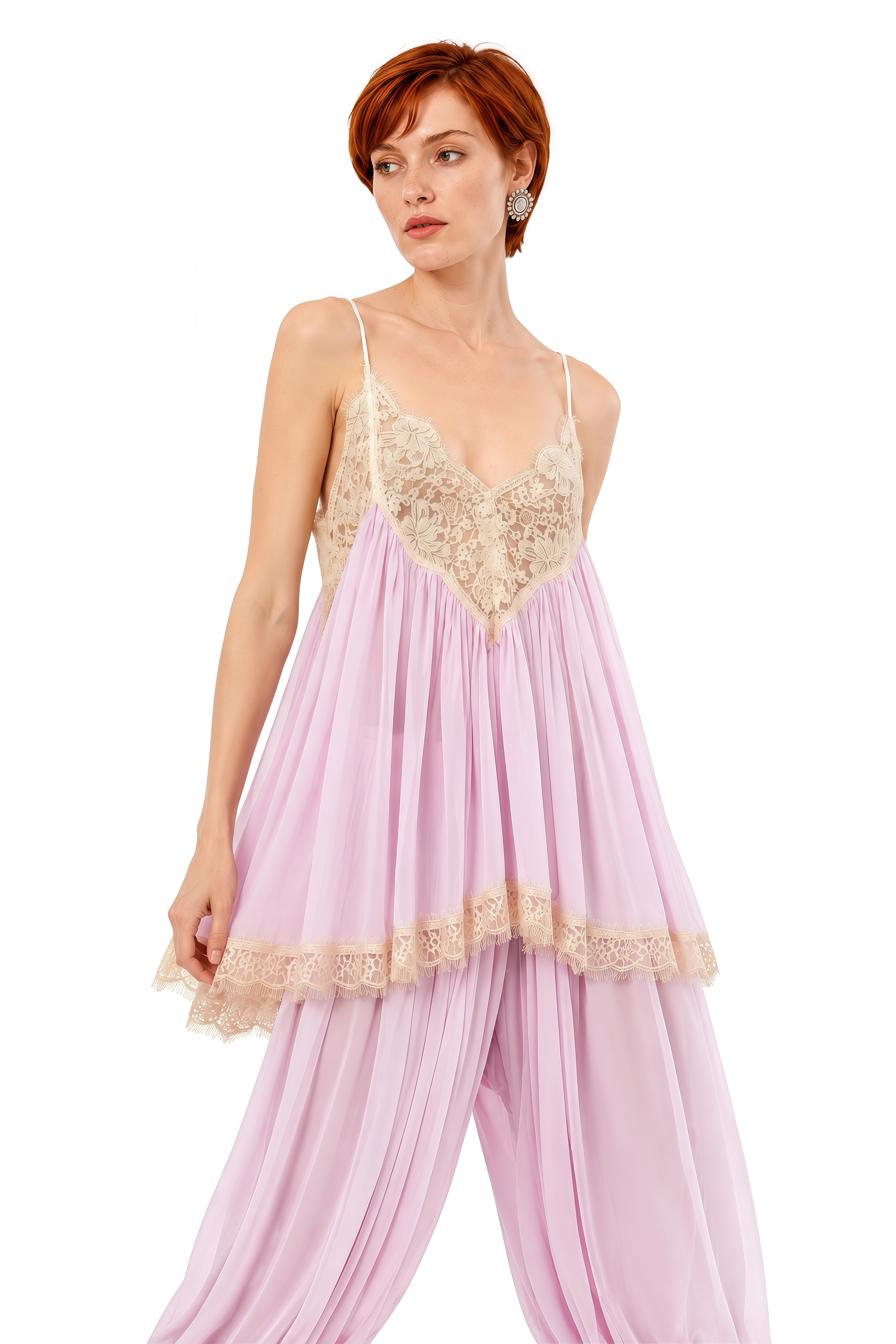 Flora Pink Draped Lace Top & Trousers Set