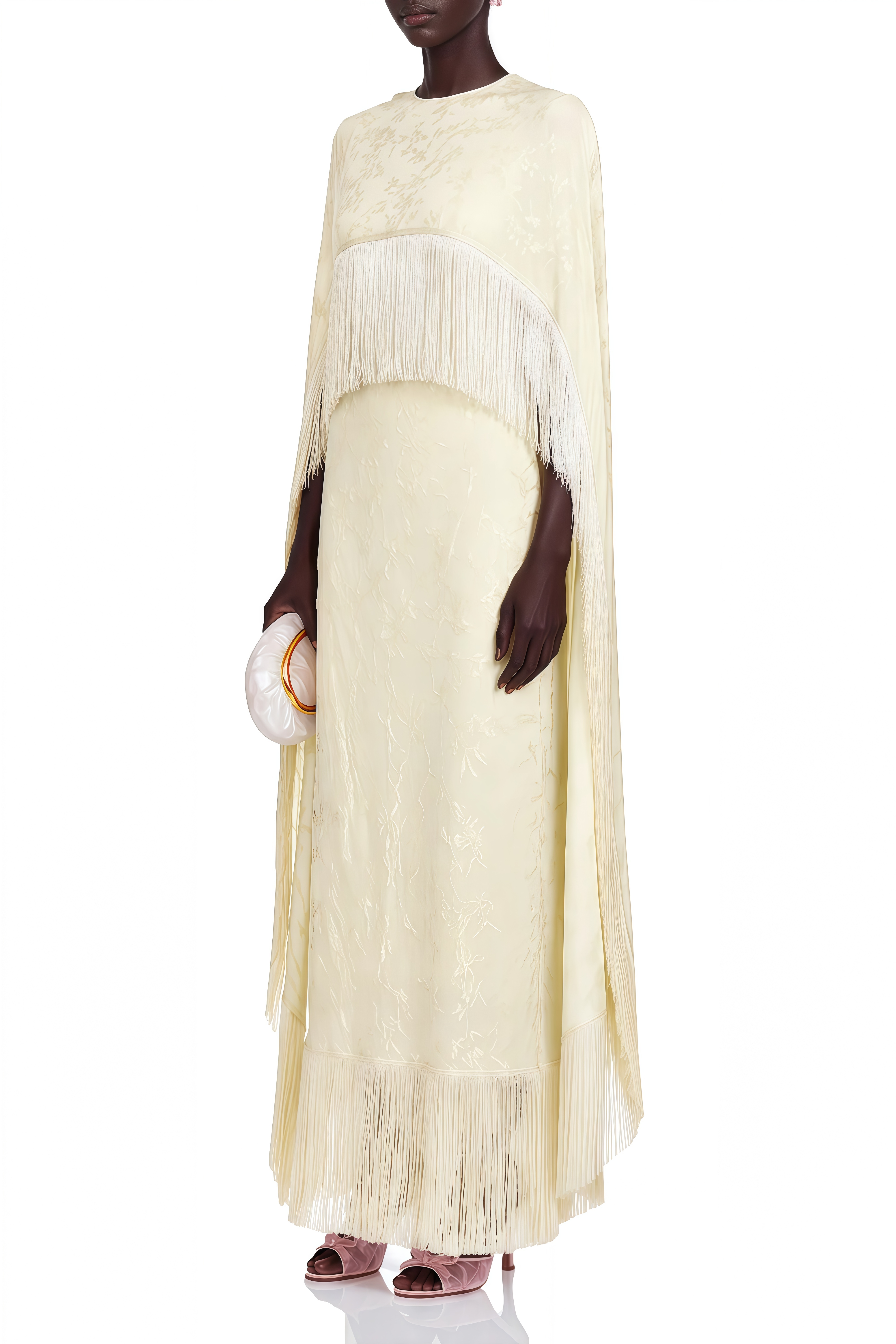 Mireille Yellow Cape Design Fringe Maxi Dress