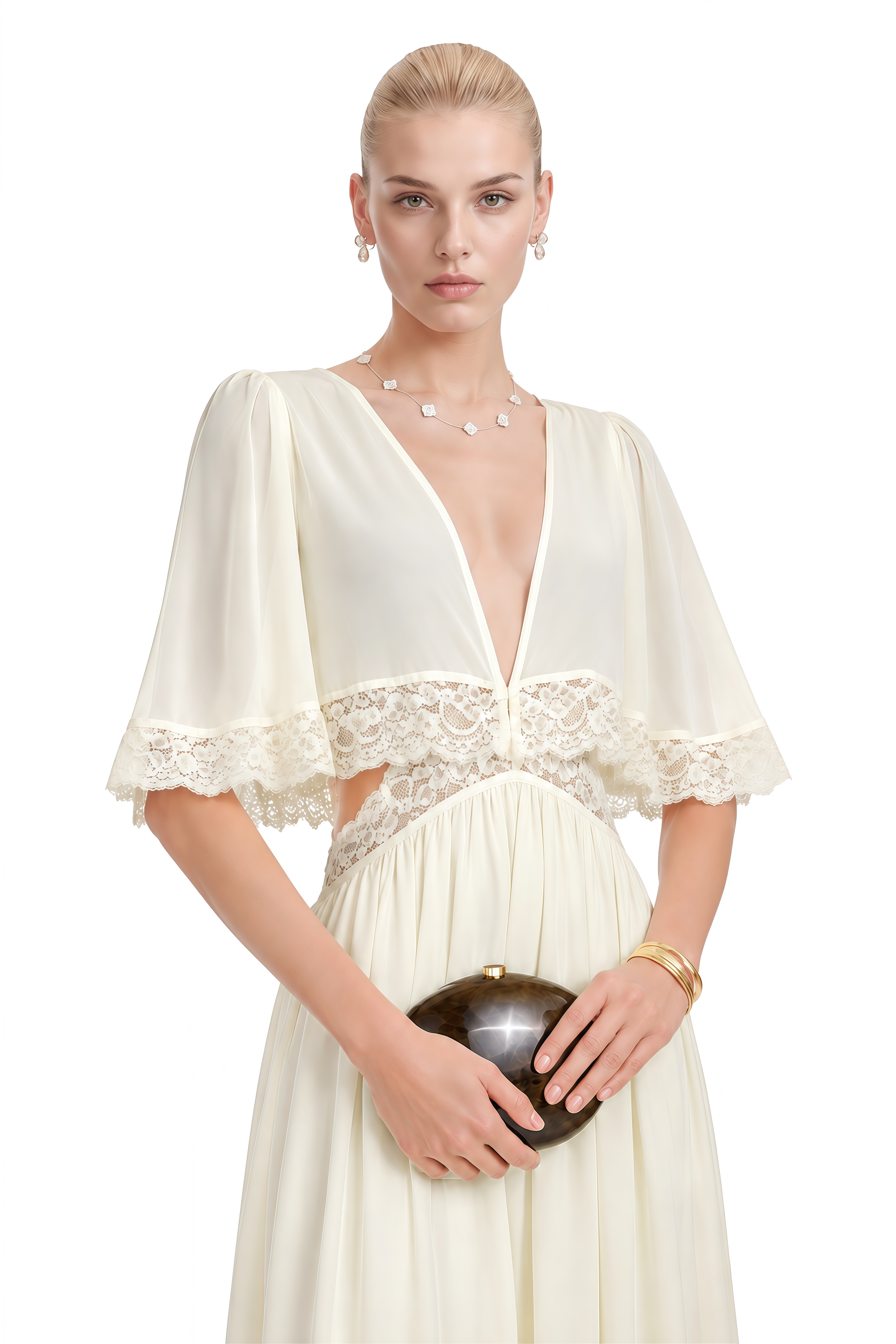 Eleanor Ivory Cape Sleeve Cut-Out Maxi Dress