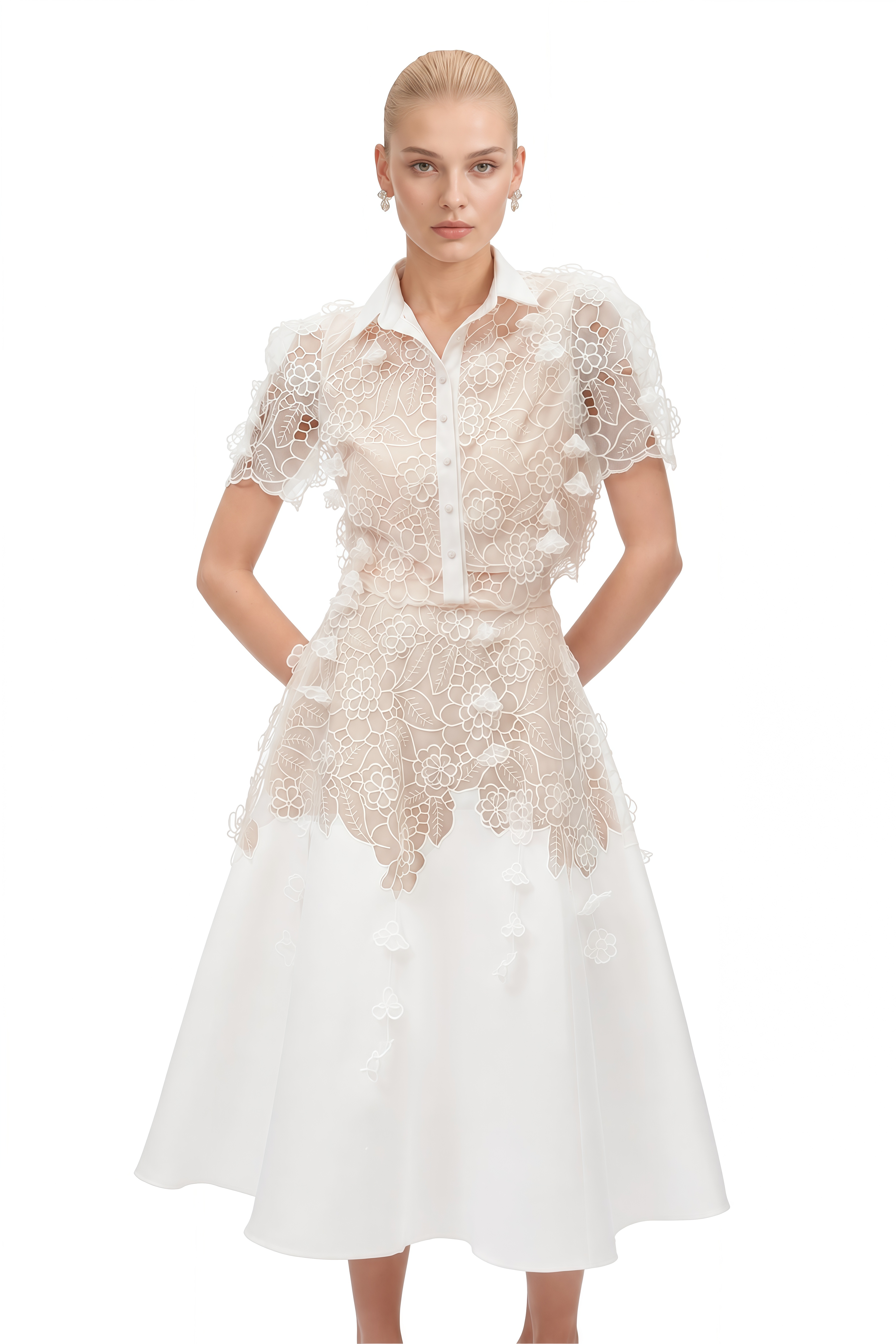 Zephyra White Short Sleeves Lace Top & Skirt Set