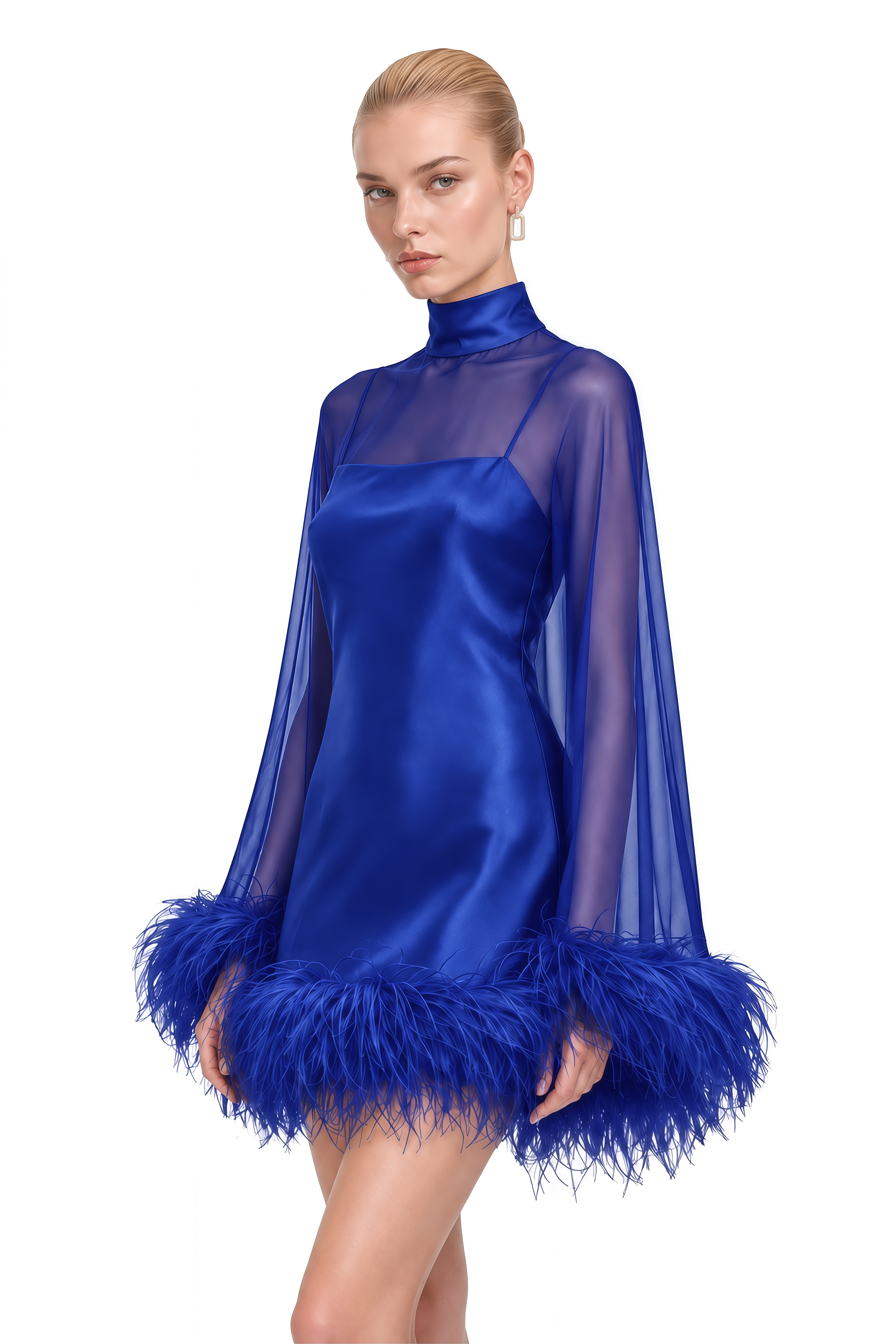 Ivy Blue Turtleneck Feather-Trim Mini Dress