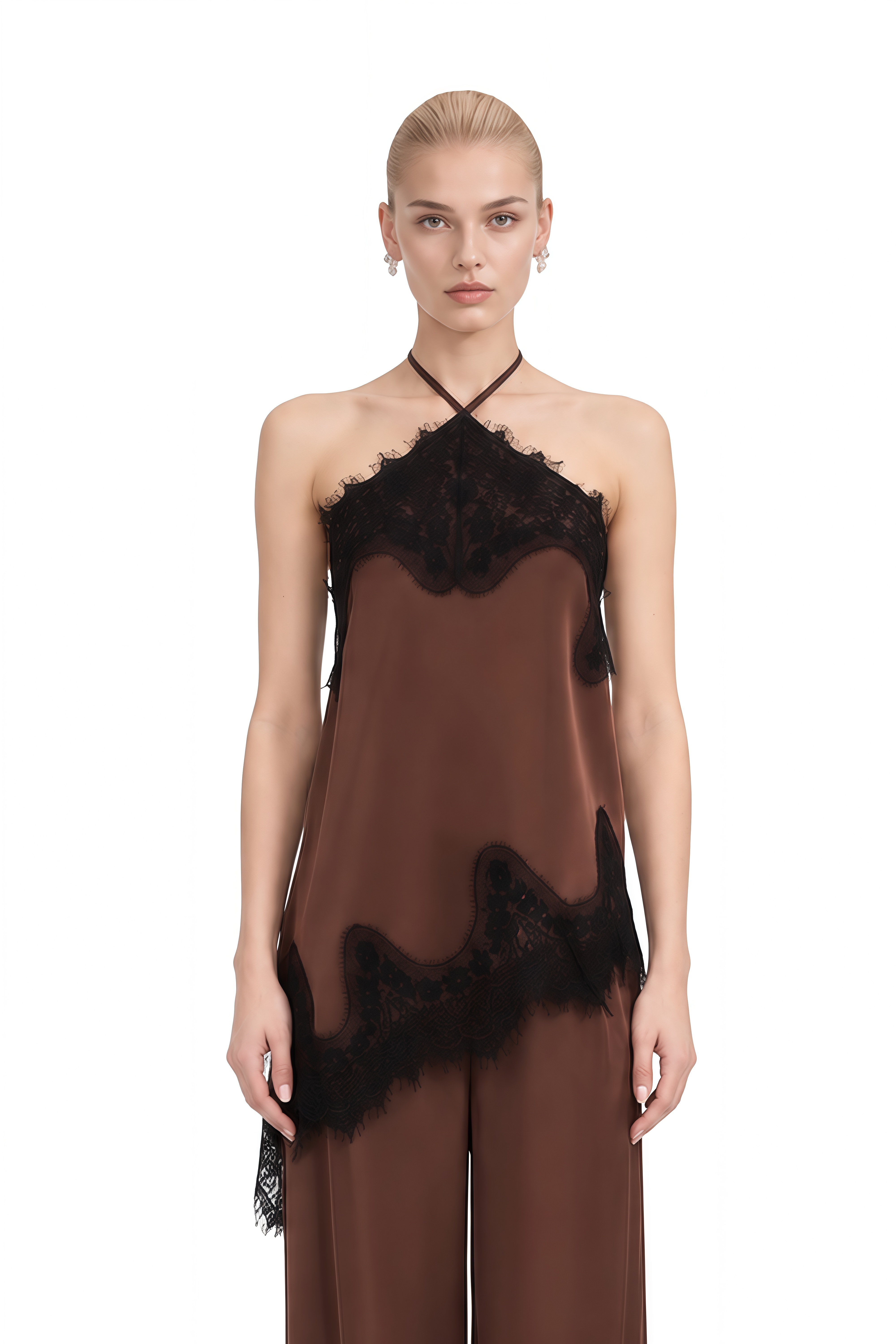 Diana Brown Halterneck Asymmetrical Top & Trousers Set