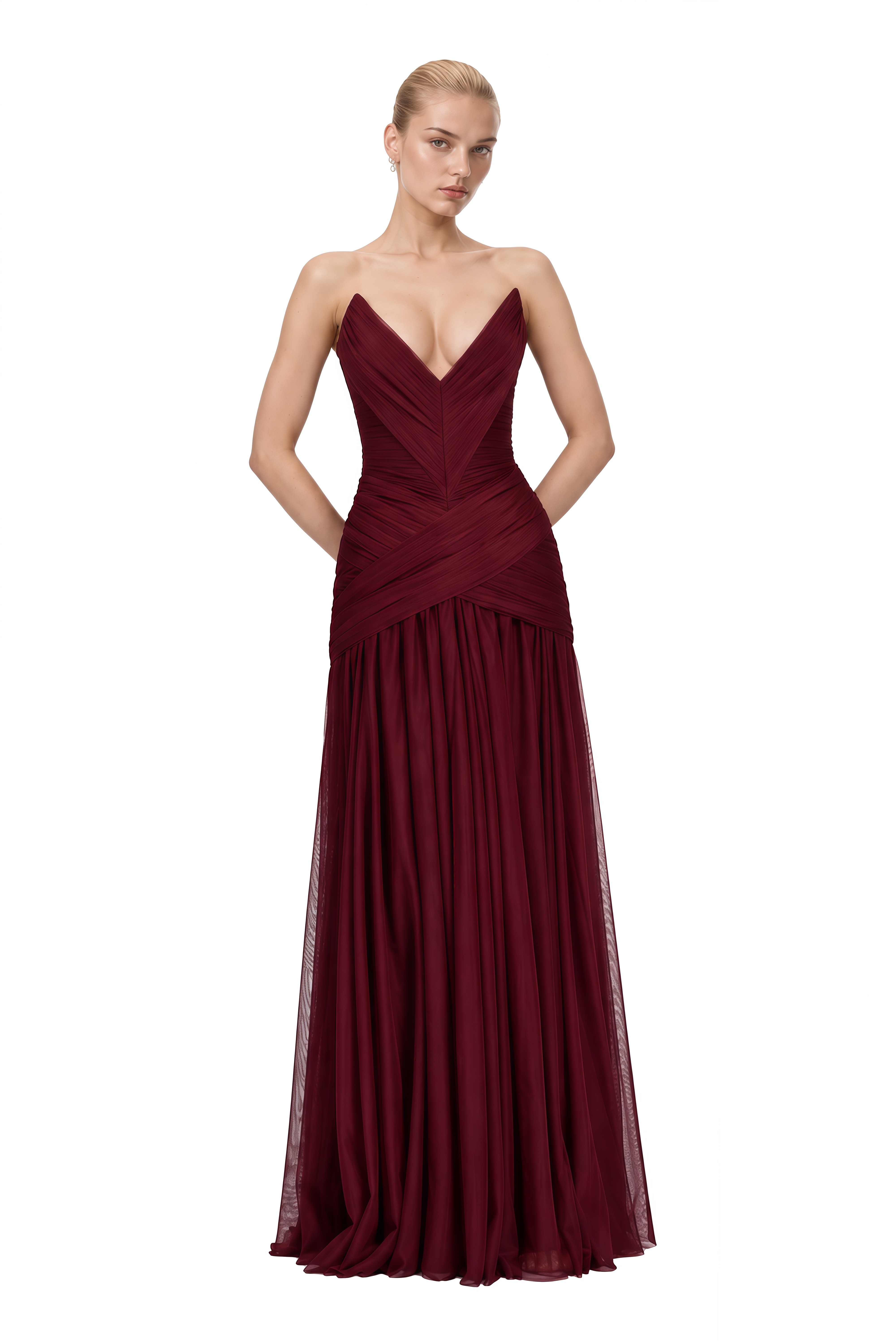 Serenity Burgundy Strapless V-Neck Maxi Dress