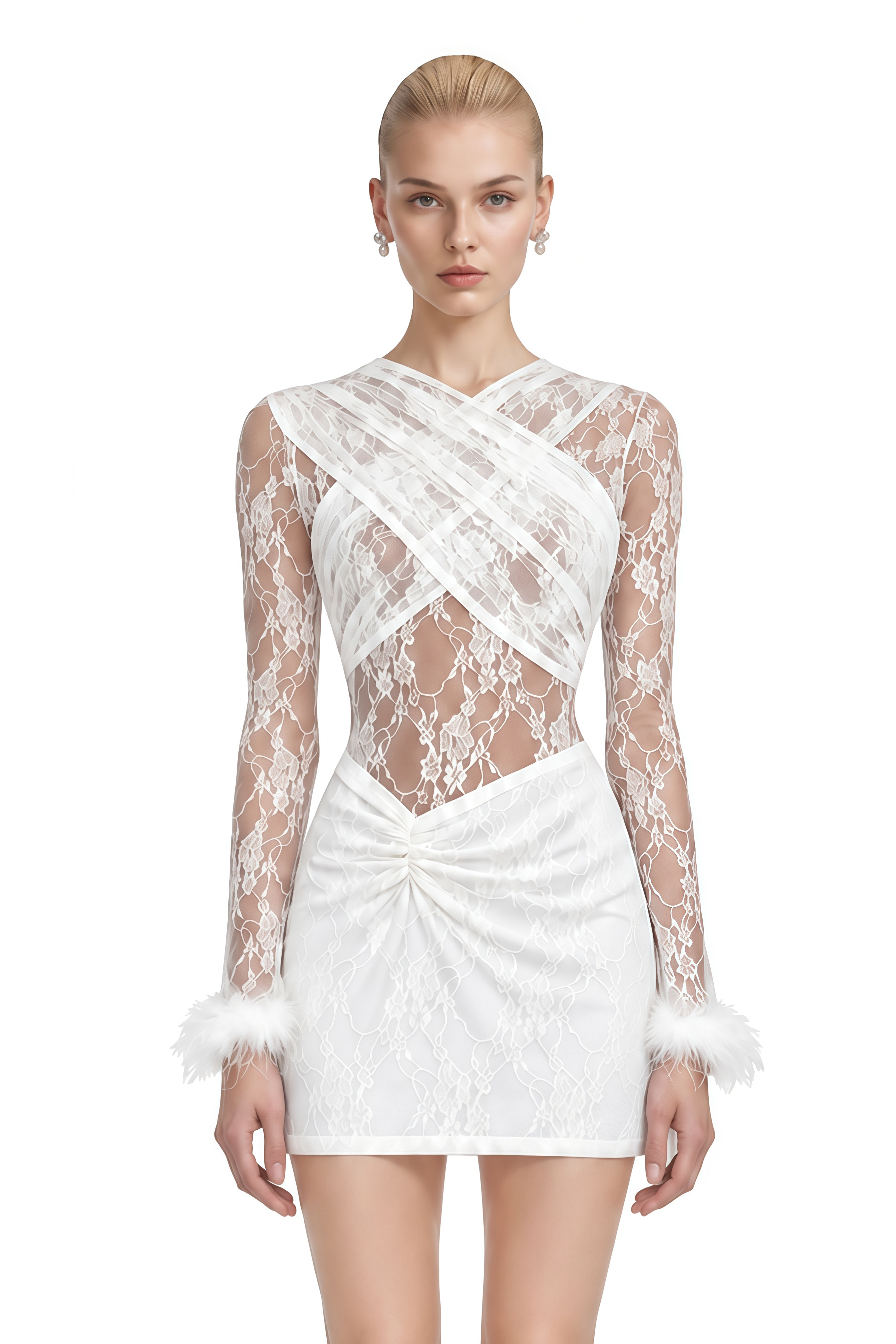 Nerissa White Long Sleeves Lace Bodysuit & Skirt Set