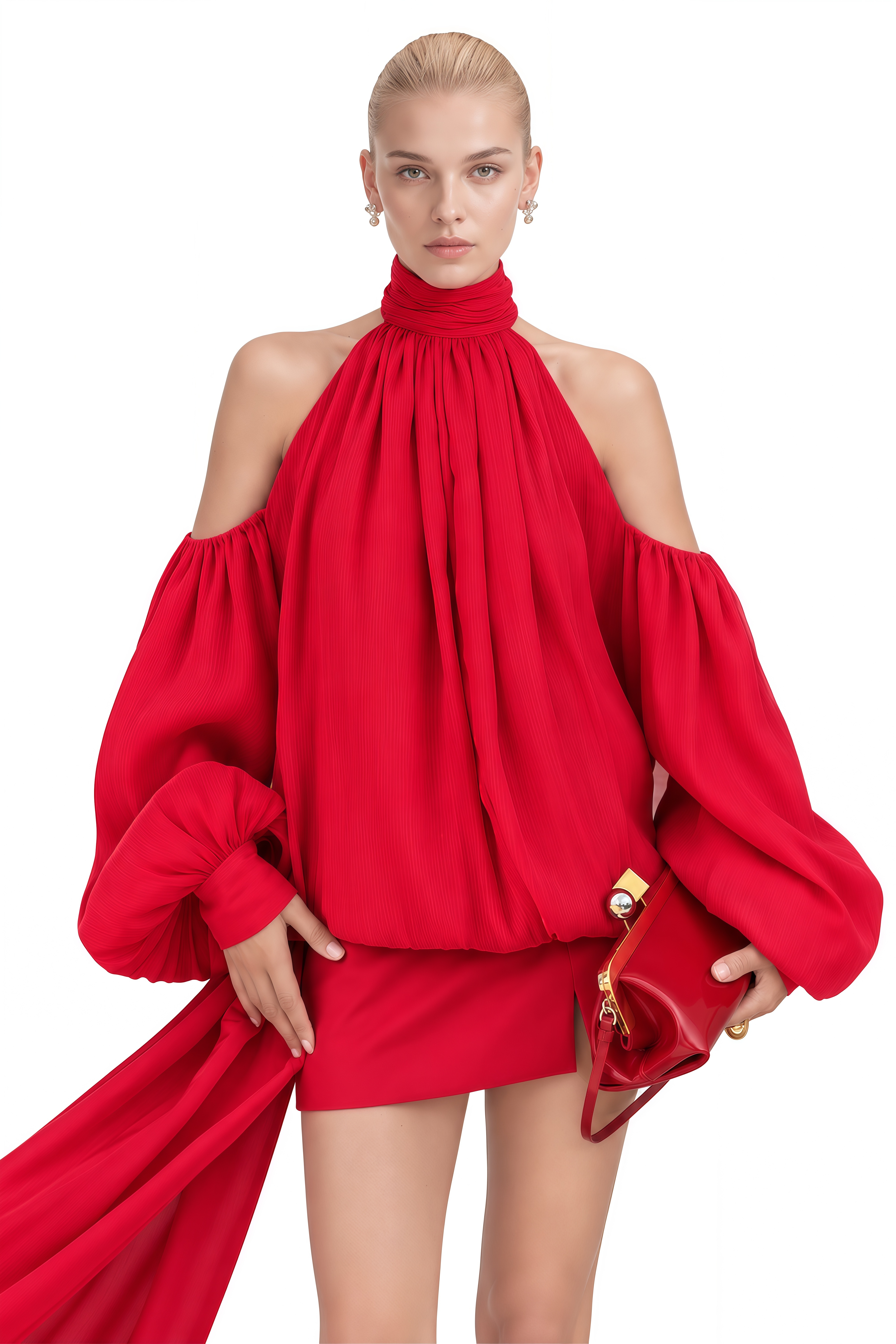 Eloise Red Turtleneck Off Shoulder Top & Skirt Set