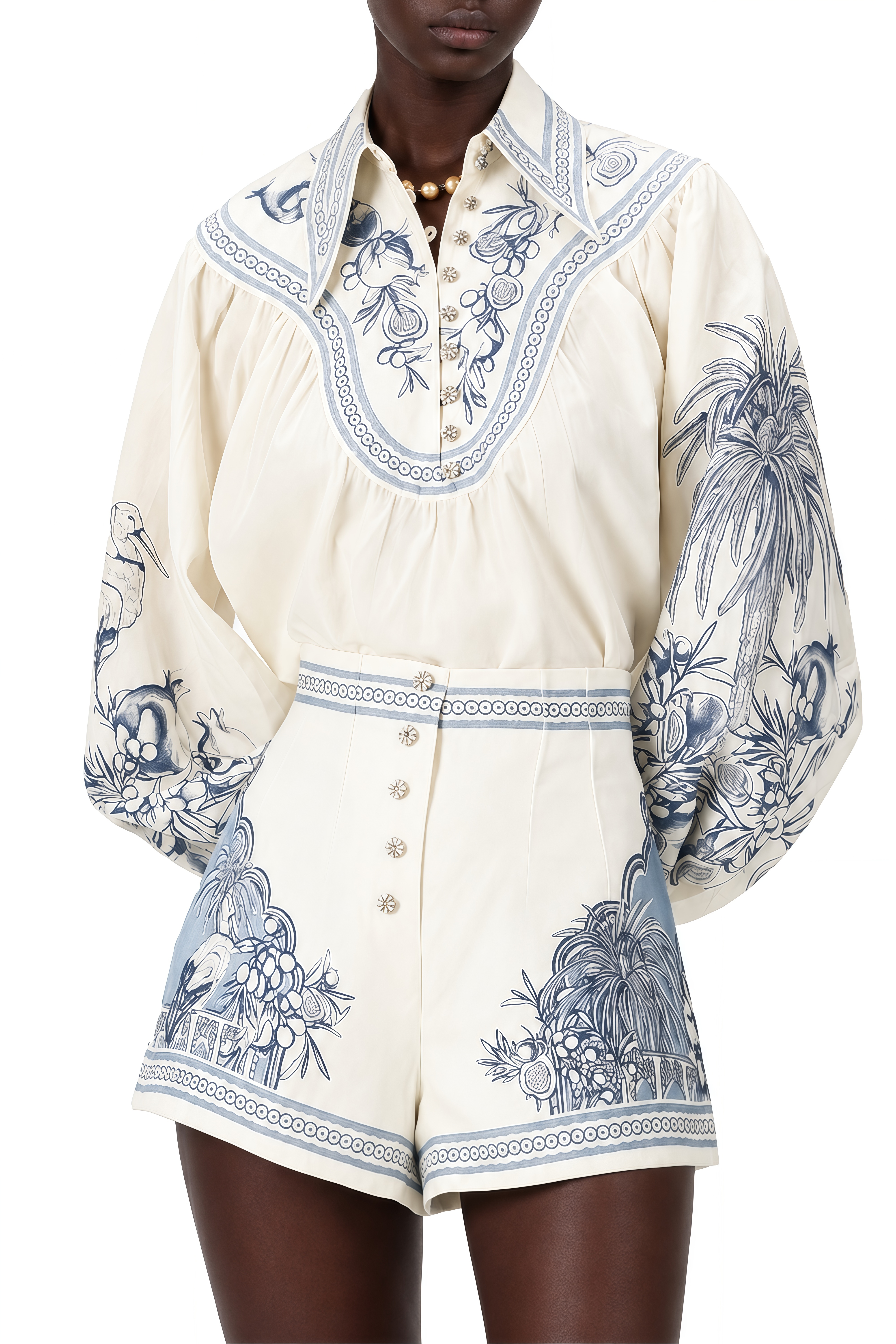 Lavinia Cream Floral Puff Sleeve Blouse & Shorts Set