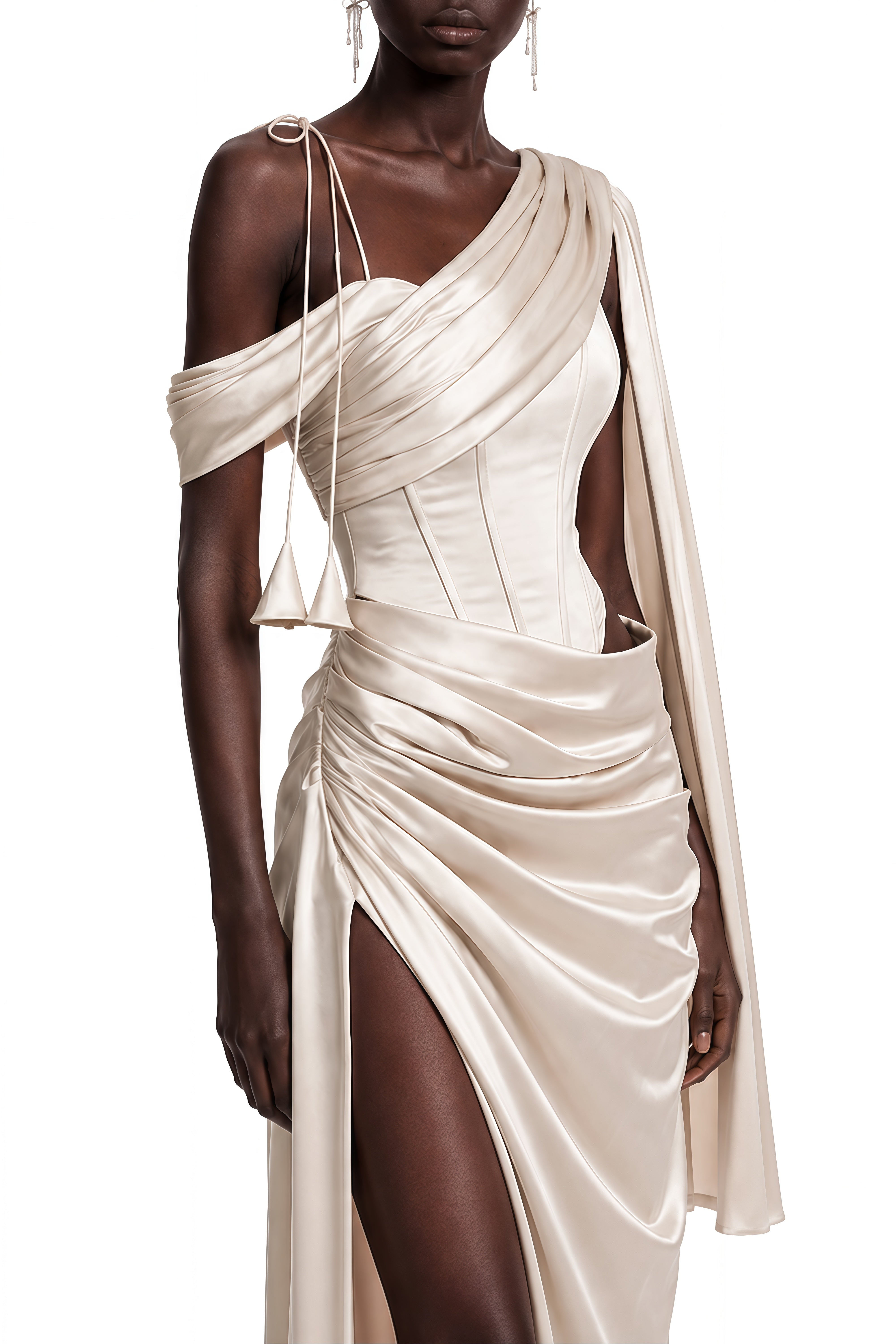 Estelle Champagne Asymmetrical Draped Maxi Dress