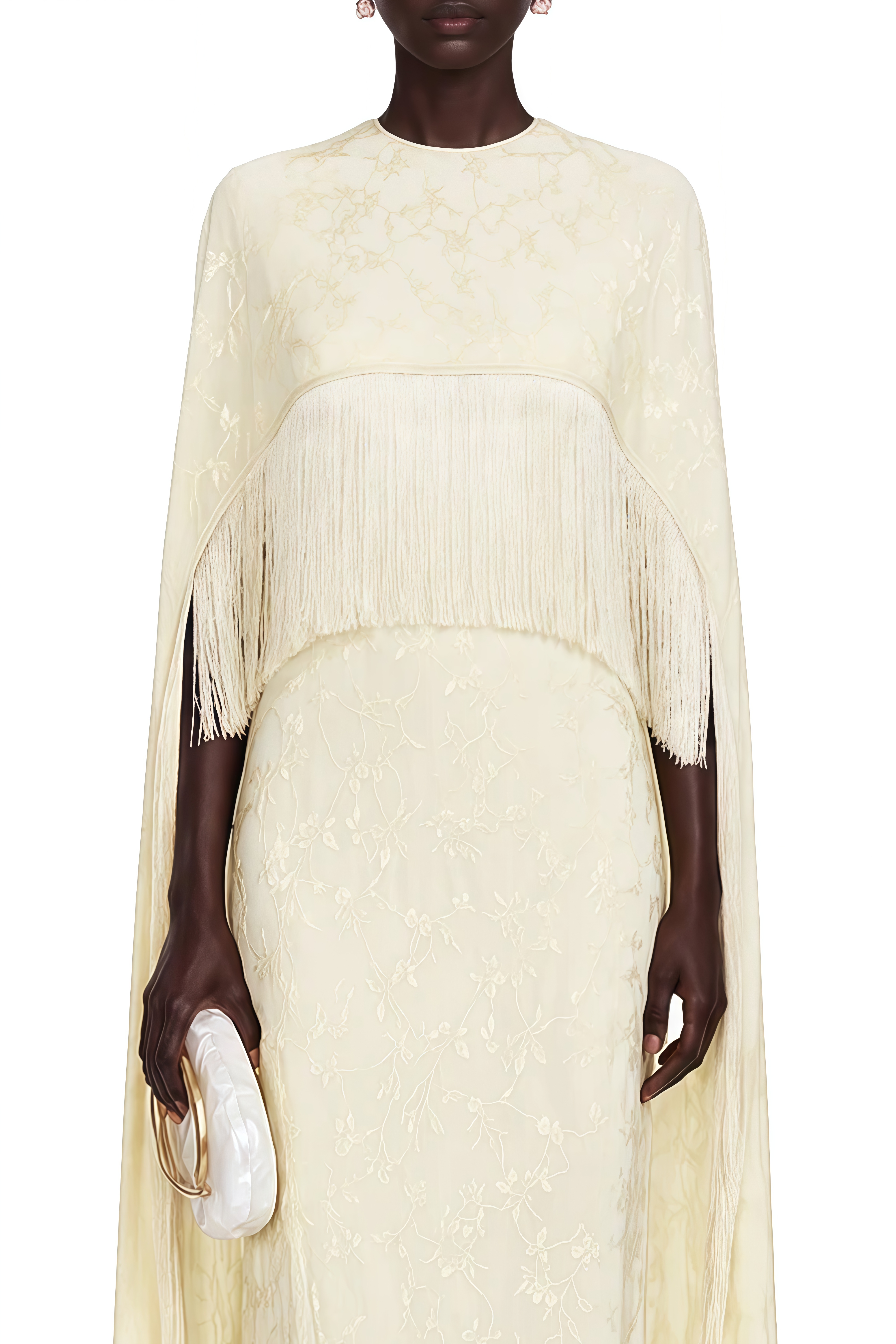 Mireille Yellow Cape Design Fringe Maxi Dress