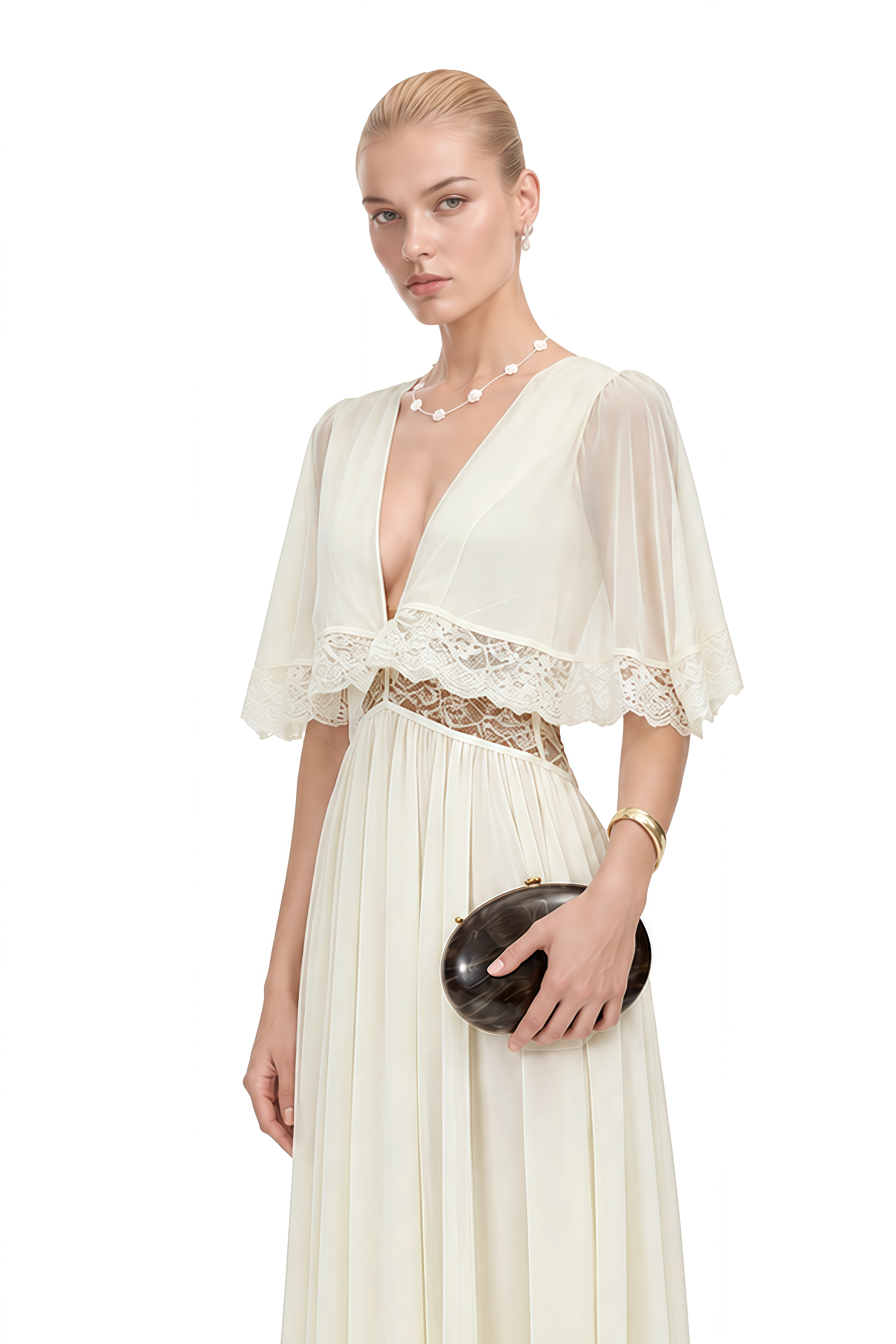 Eleanor Ivory Cape Sleeve Cut-Out Maxi Dress