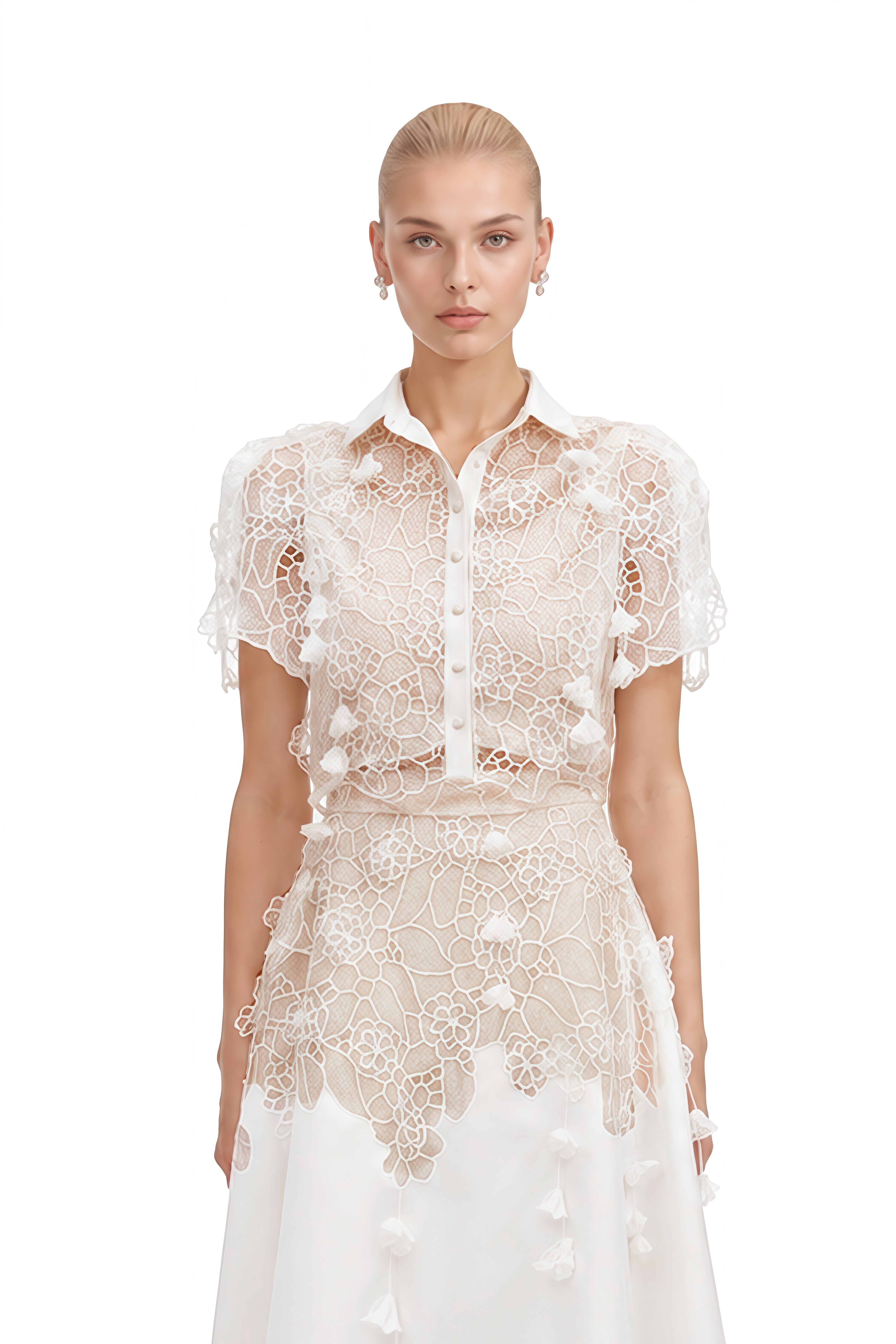 Zephyra White Short Sleeves Lace Top & Skirt Set