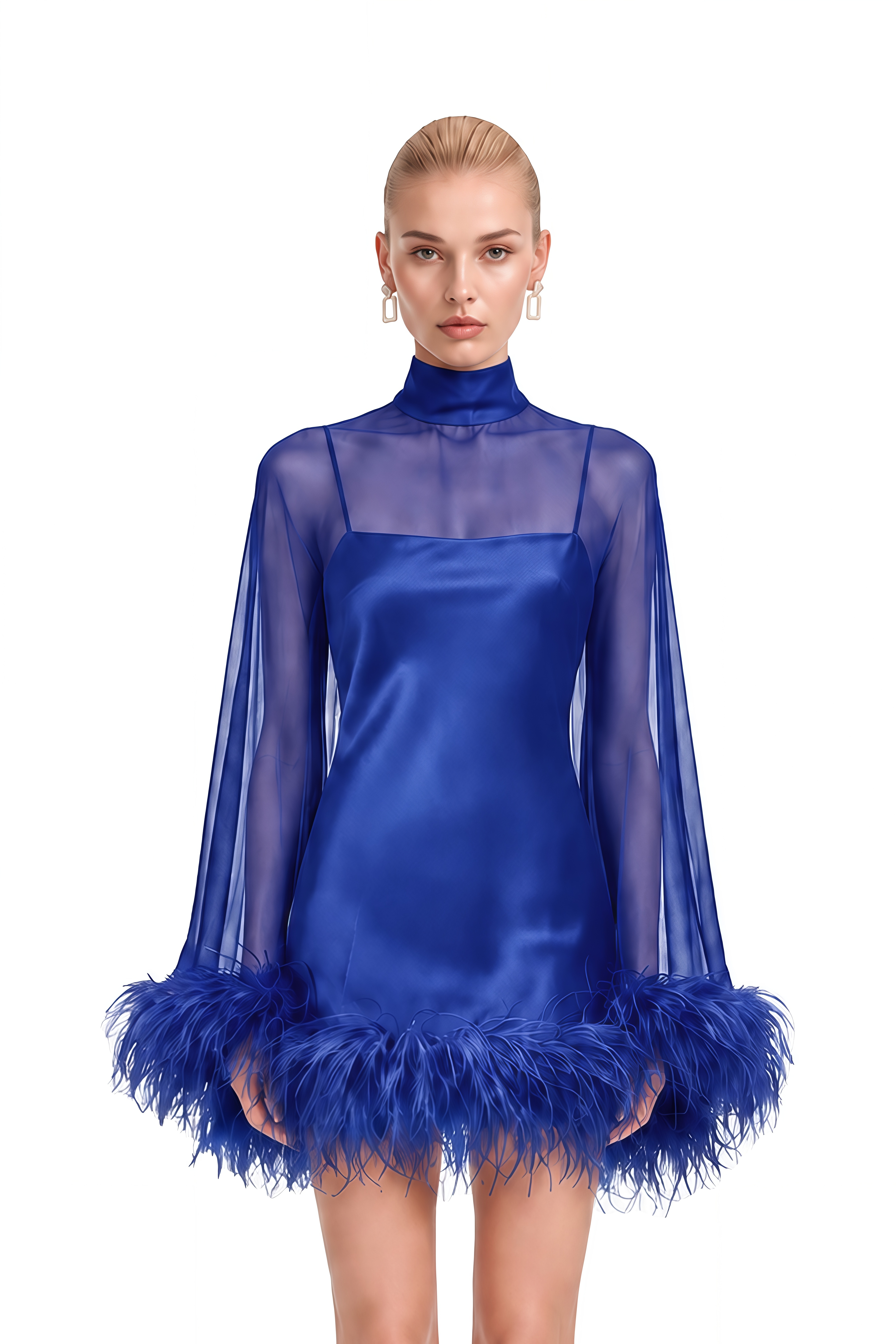 Ivy Blue Turtleneck Feather-Trim Mini Dress