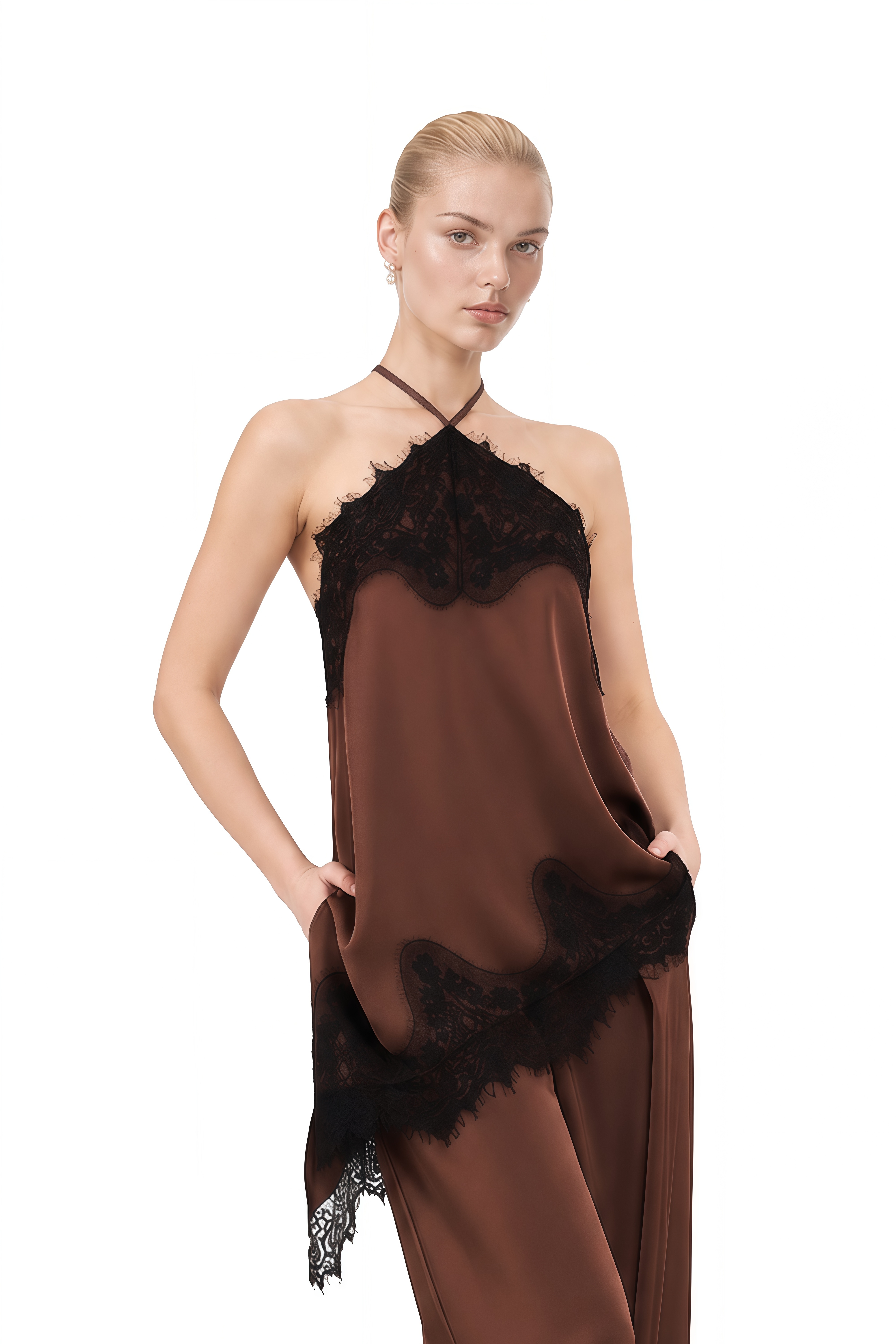 Diana Brown Halterneck Asymmetrical Top & Trousers Set
