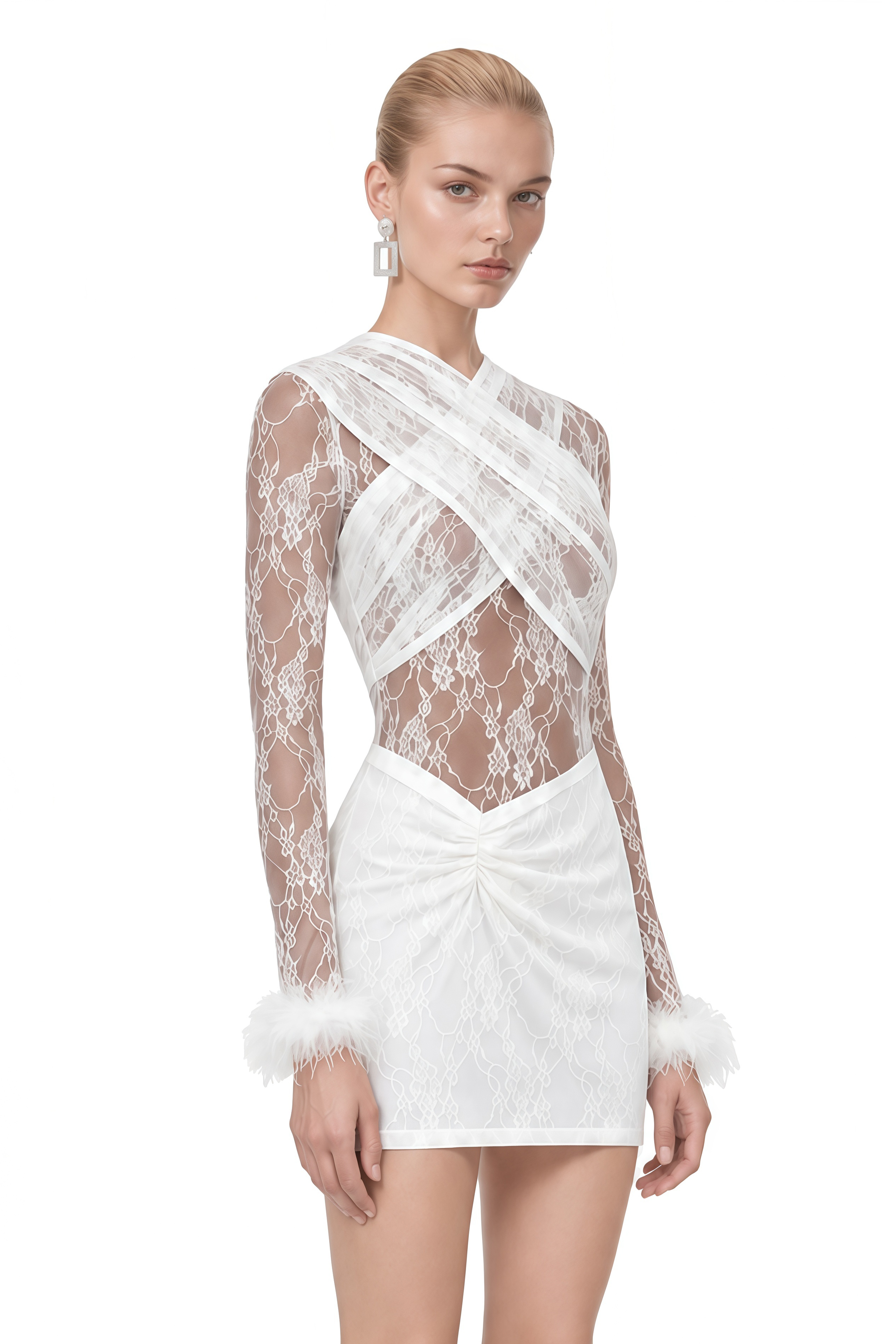 Nerissa White Long Sleeves Lace Bodysuit & Skirt Set