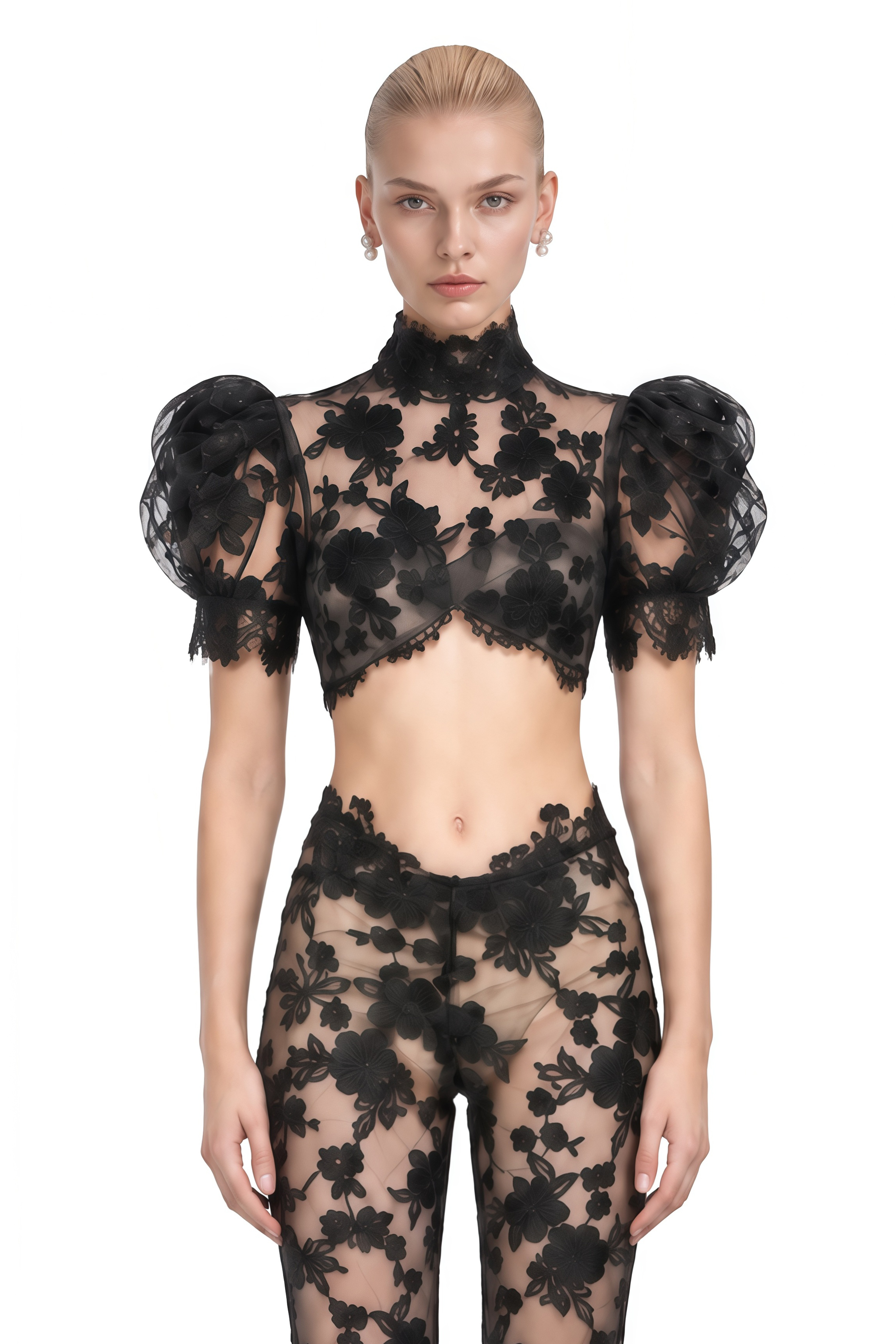 Daphne Black Puff Sleeve Lace Top & Trousers Set