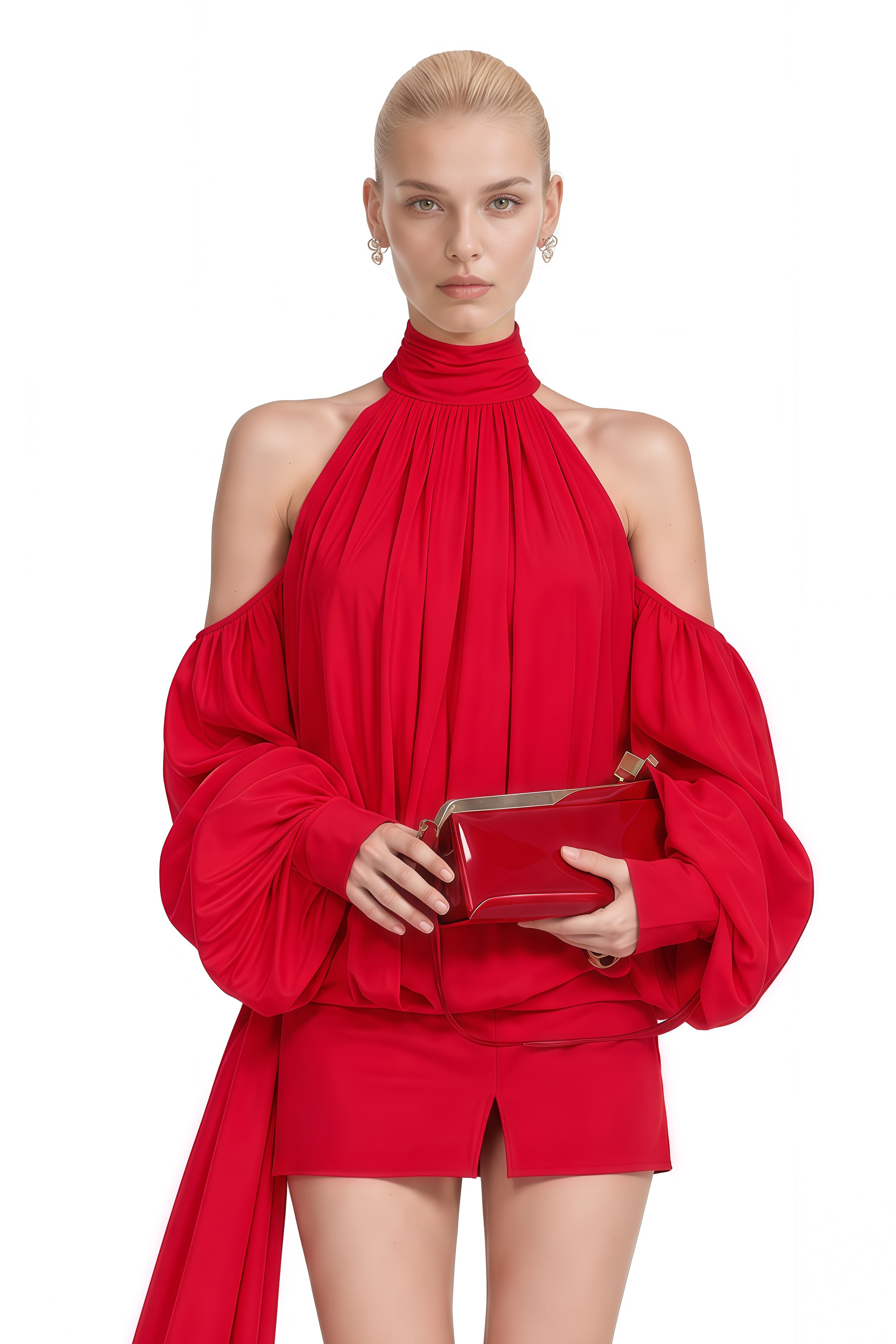 Eloise Red Turtleneck Off Shoulder Top & Skirt Set