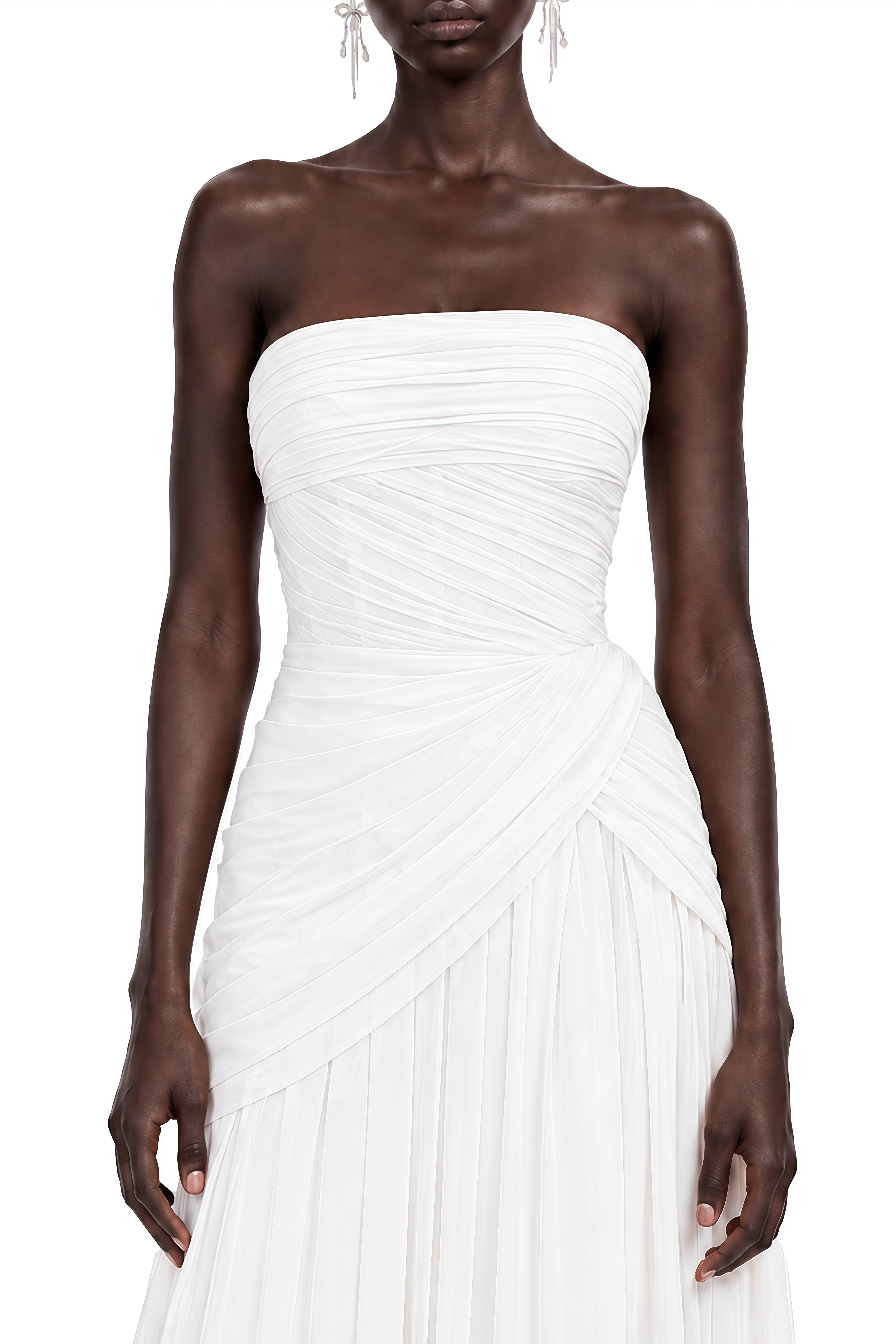 Celine White Sleeveless Ruched Maxi Dress