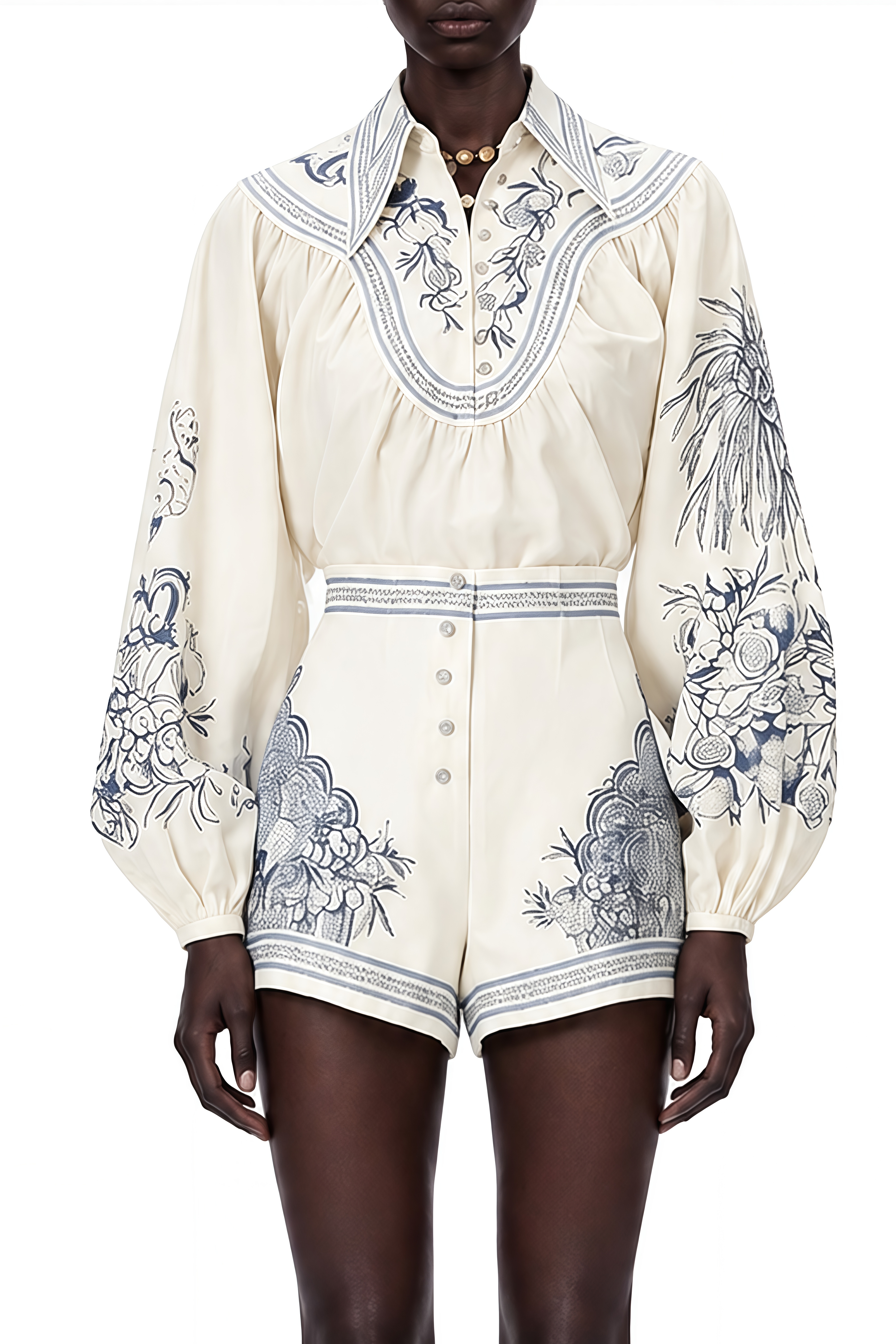 Lavinia Cream Floral Puff Sleeve Blouse & Shorts Set