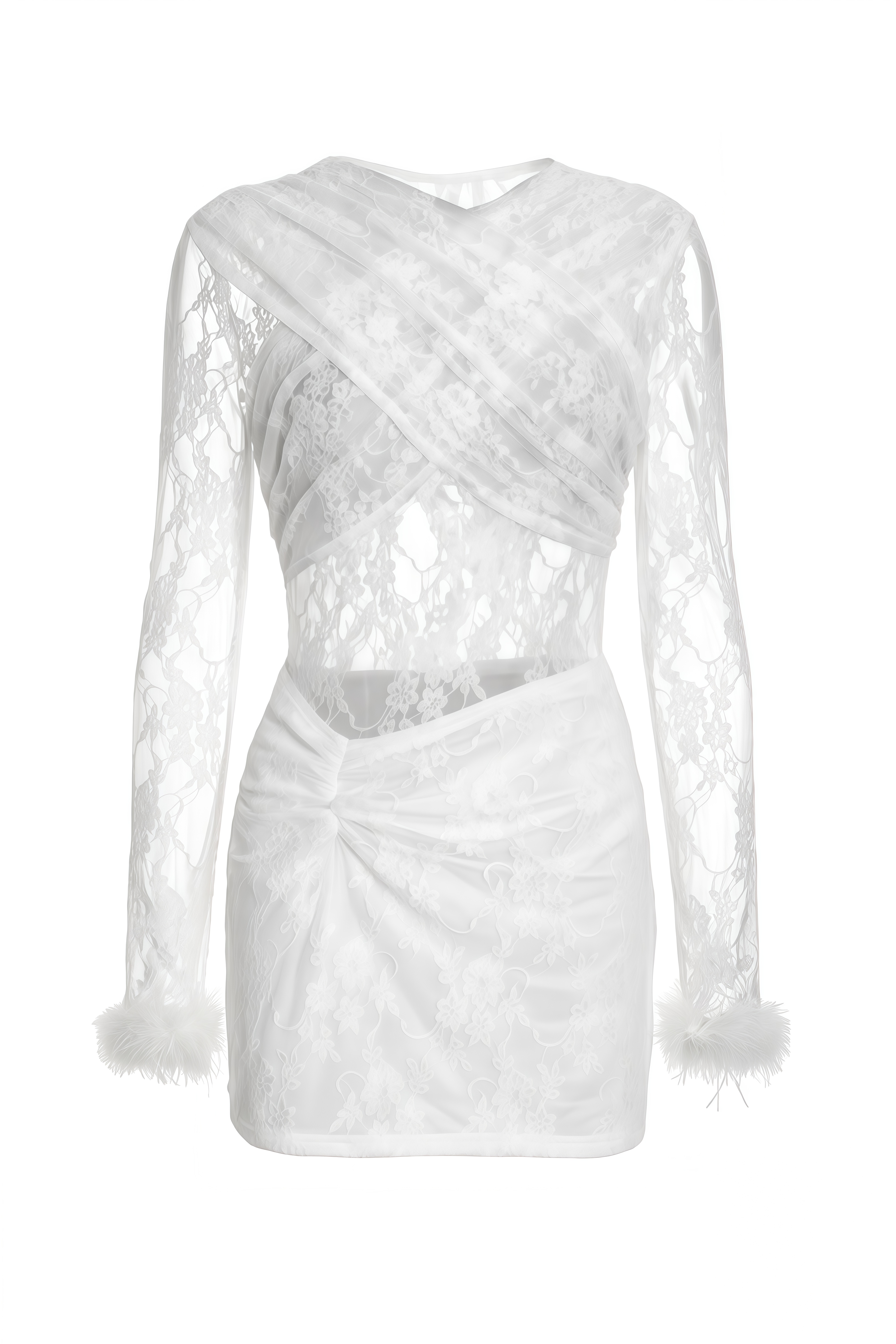 Nerissa White Long Sleeves Lace Bodysuit & Skirt Set