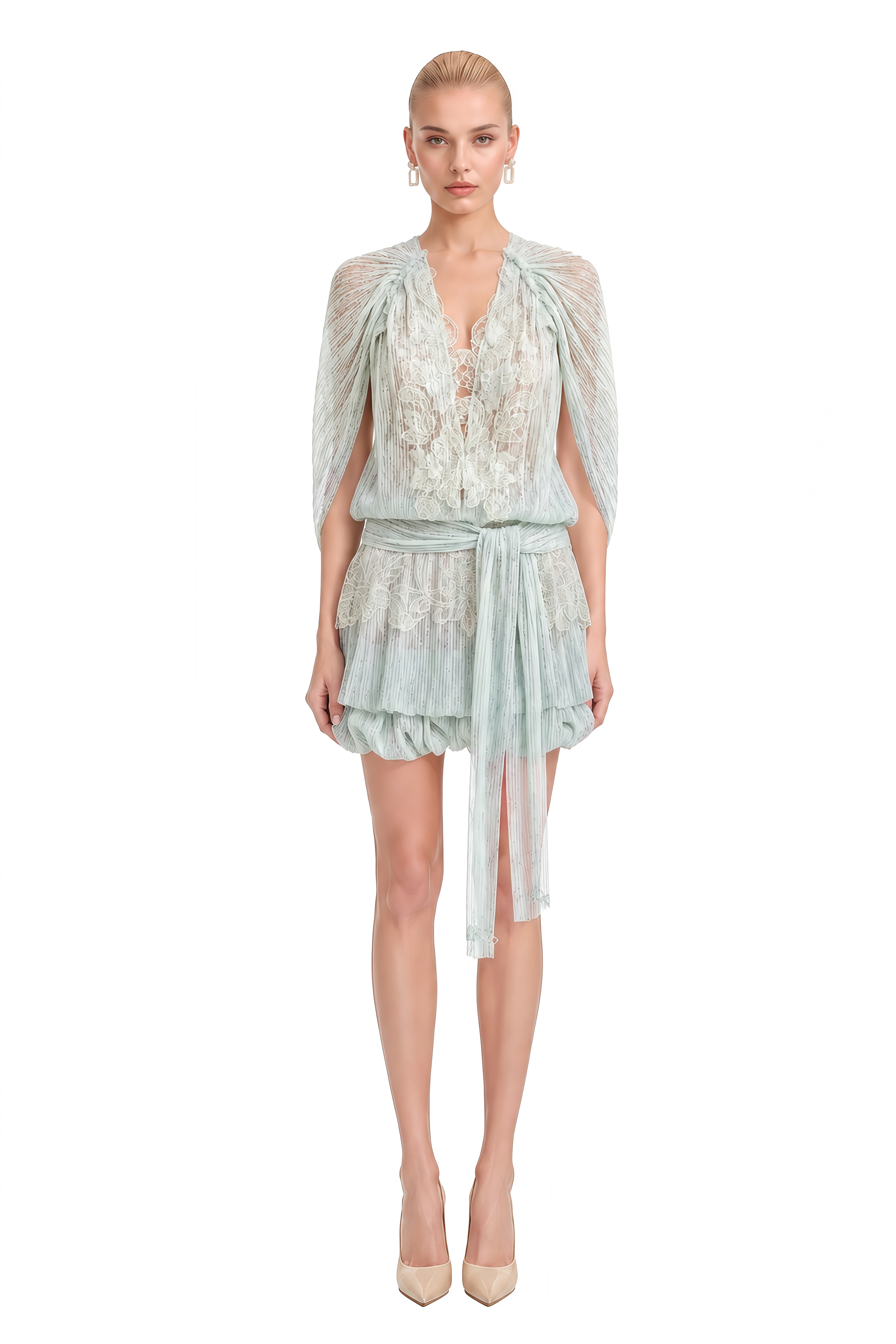 Juliet Mint Green Cape Sleeve Lace Mini Dress