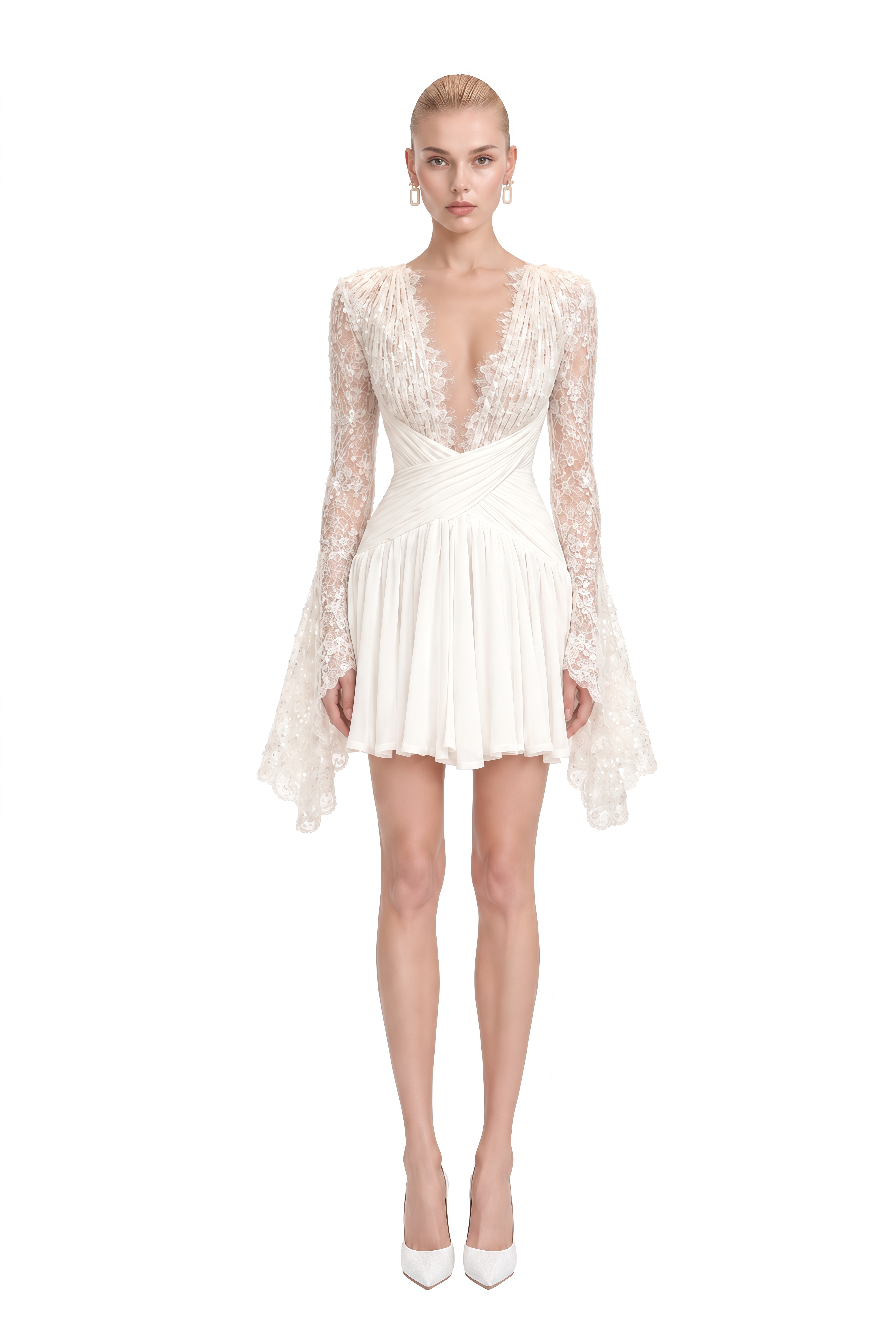Nerissa White Long Sleeves Pleated Mini Dress