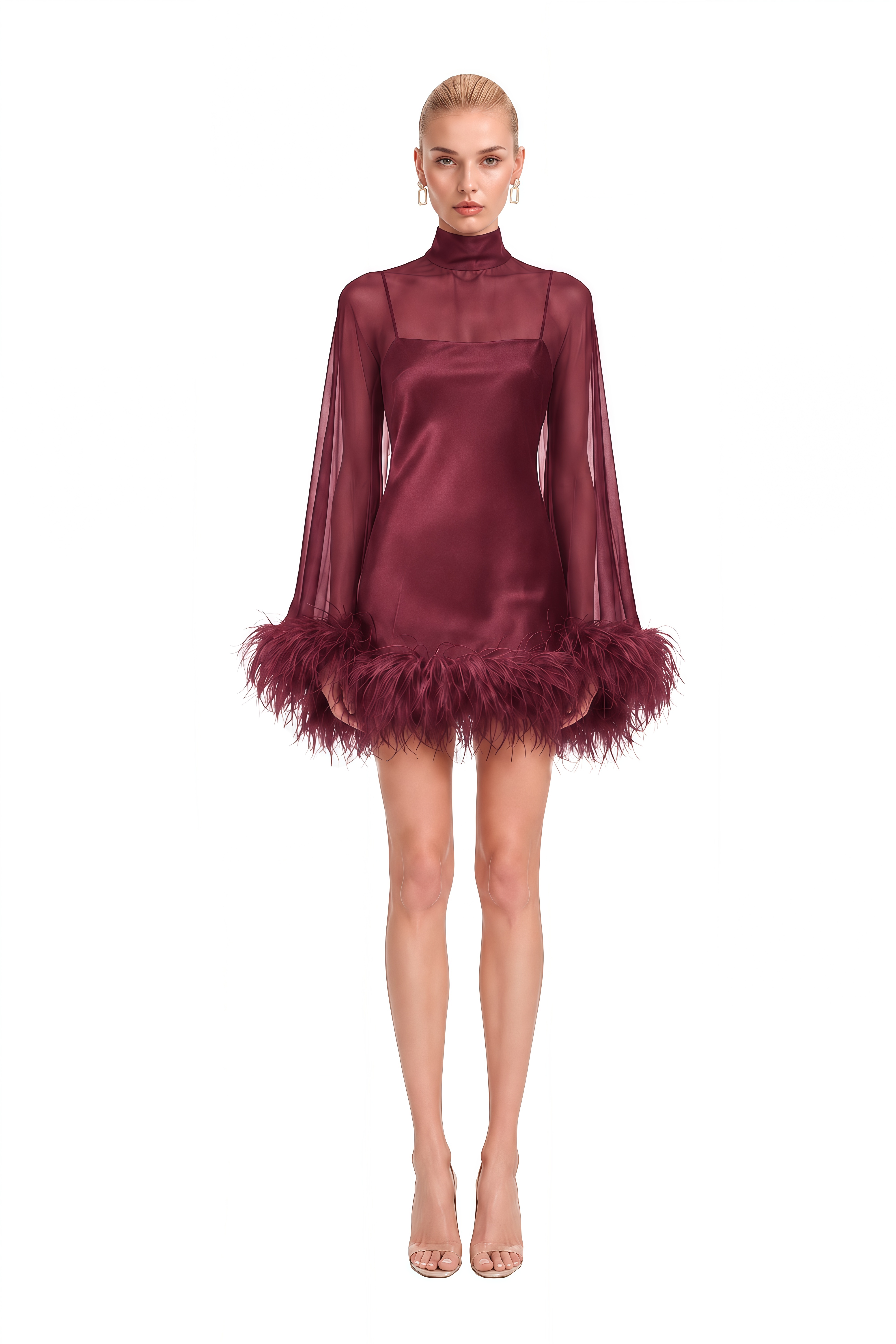 Ivy Red Turtleneck Feather-Trim Mini Dress