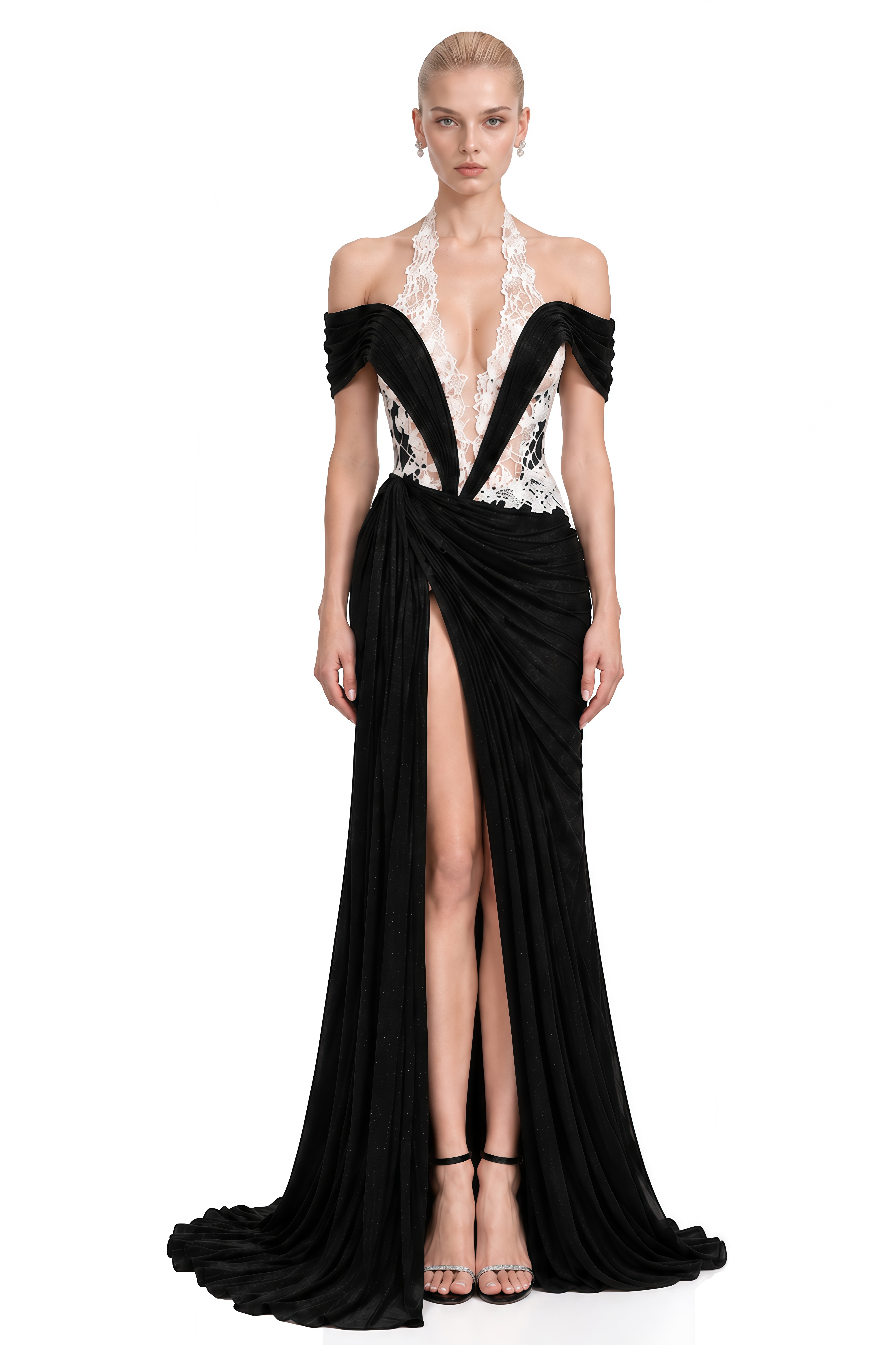 Luna Black Halterneck Contrast Lace Maxi Dress