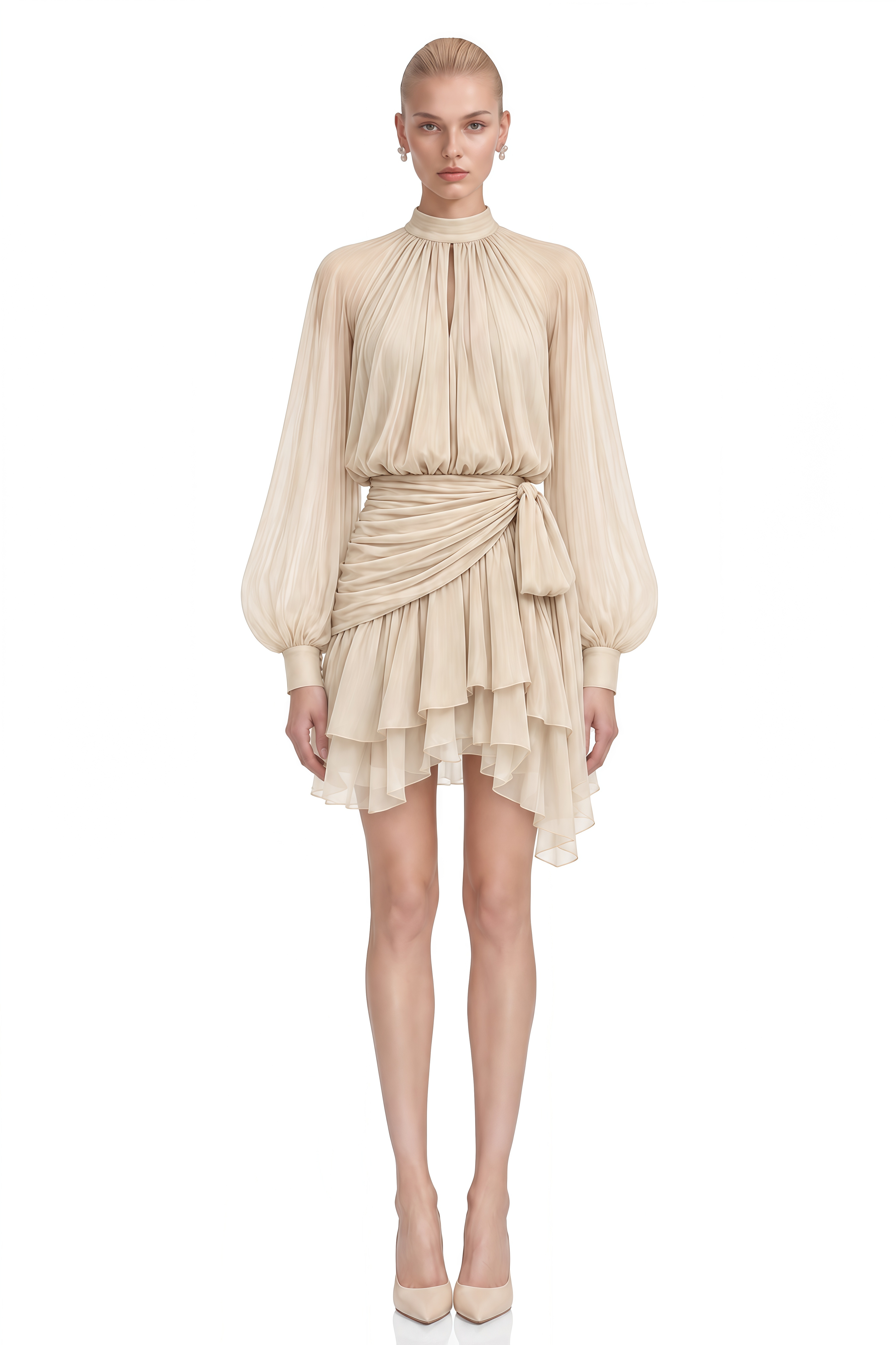 Margaret Champagne Turtleneck Ruffled Mini Dress