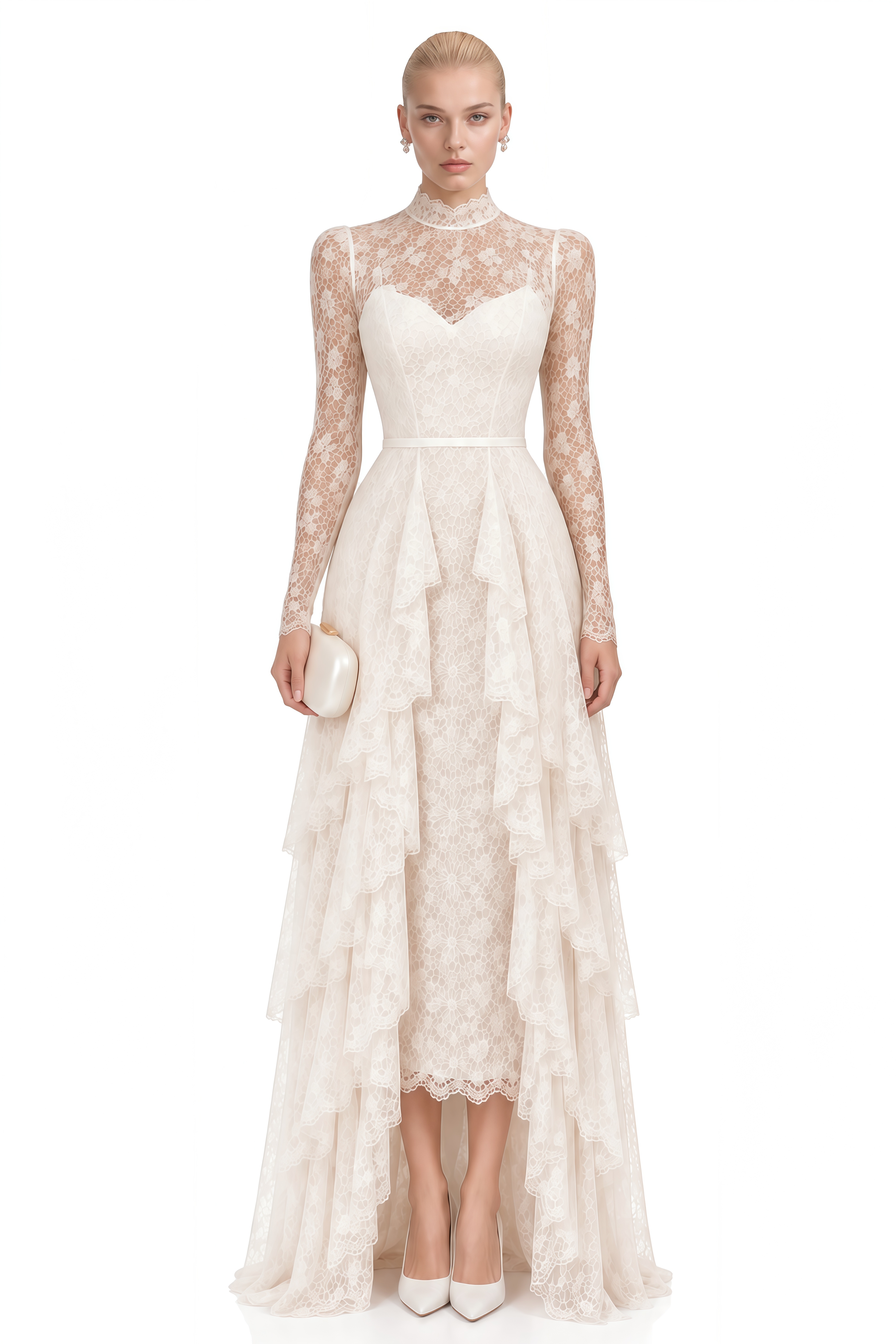 Elowen White Turtleneck Layered Ruffled Maxi Dress