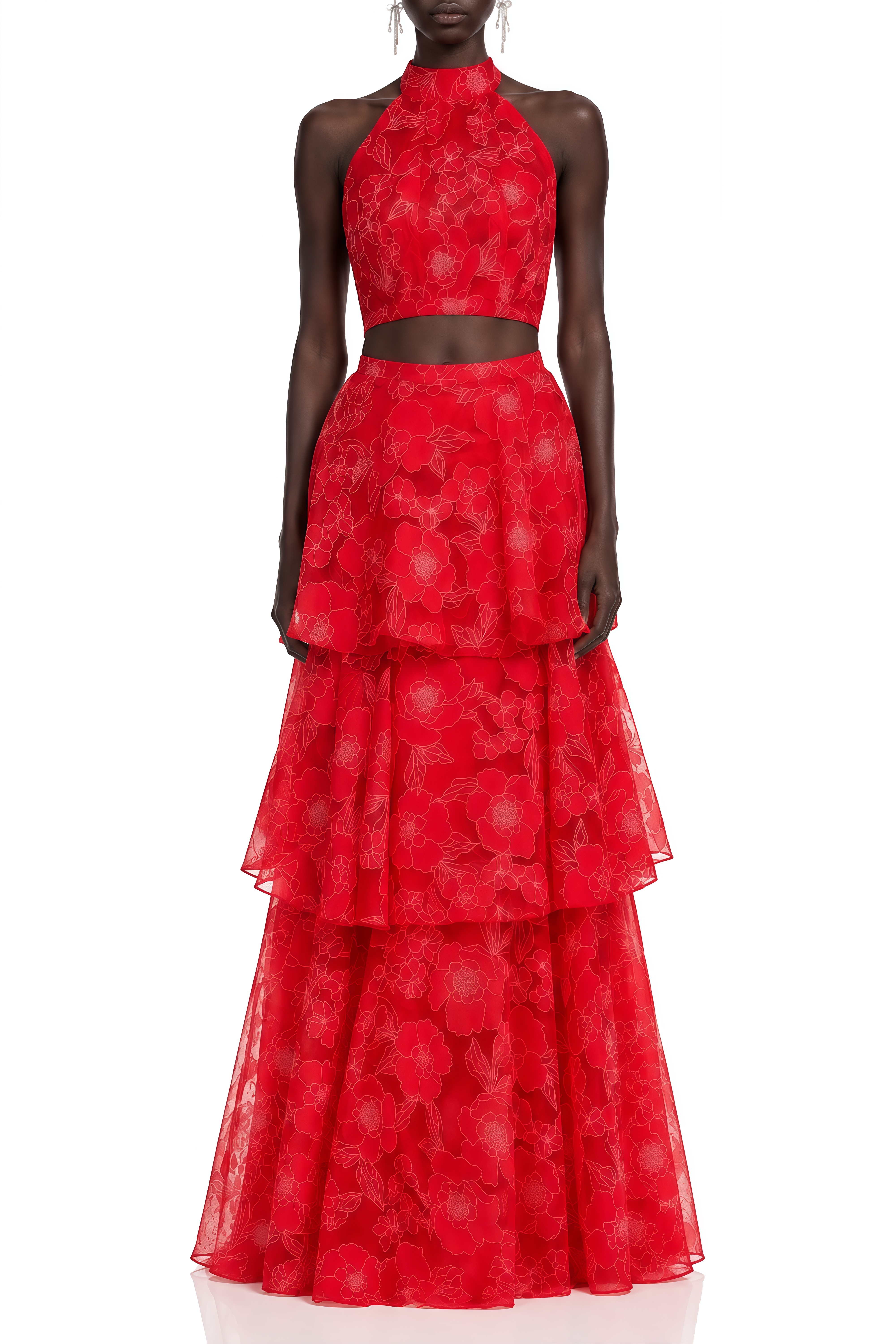 Camille Red Sleeveless Floral Top & Skirt Set