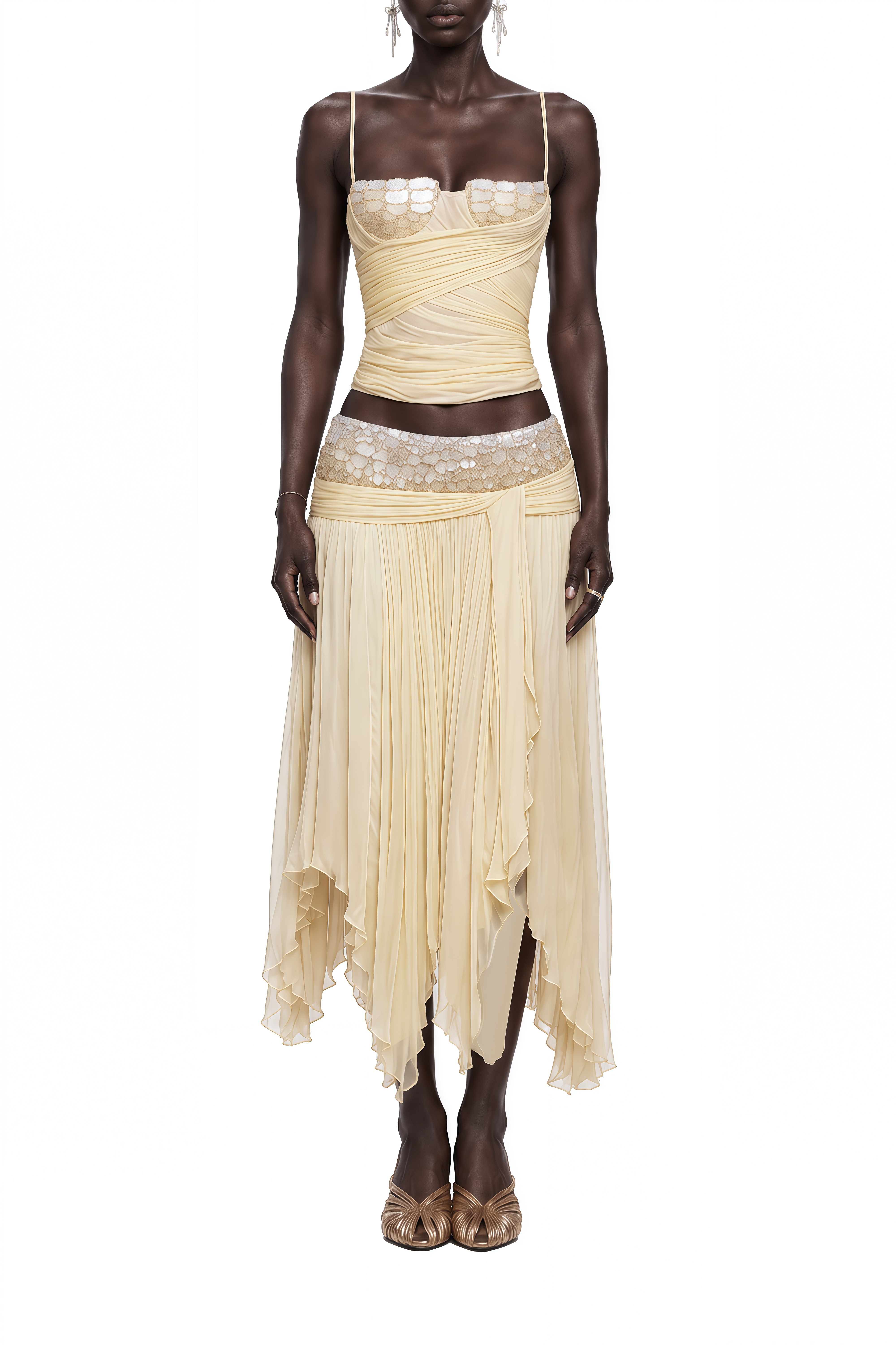 Thalia Yellow Sleeveless Draped Top & Skirt Set