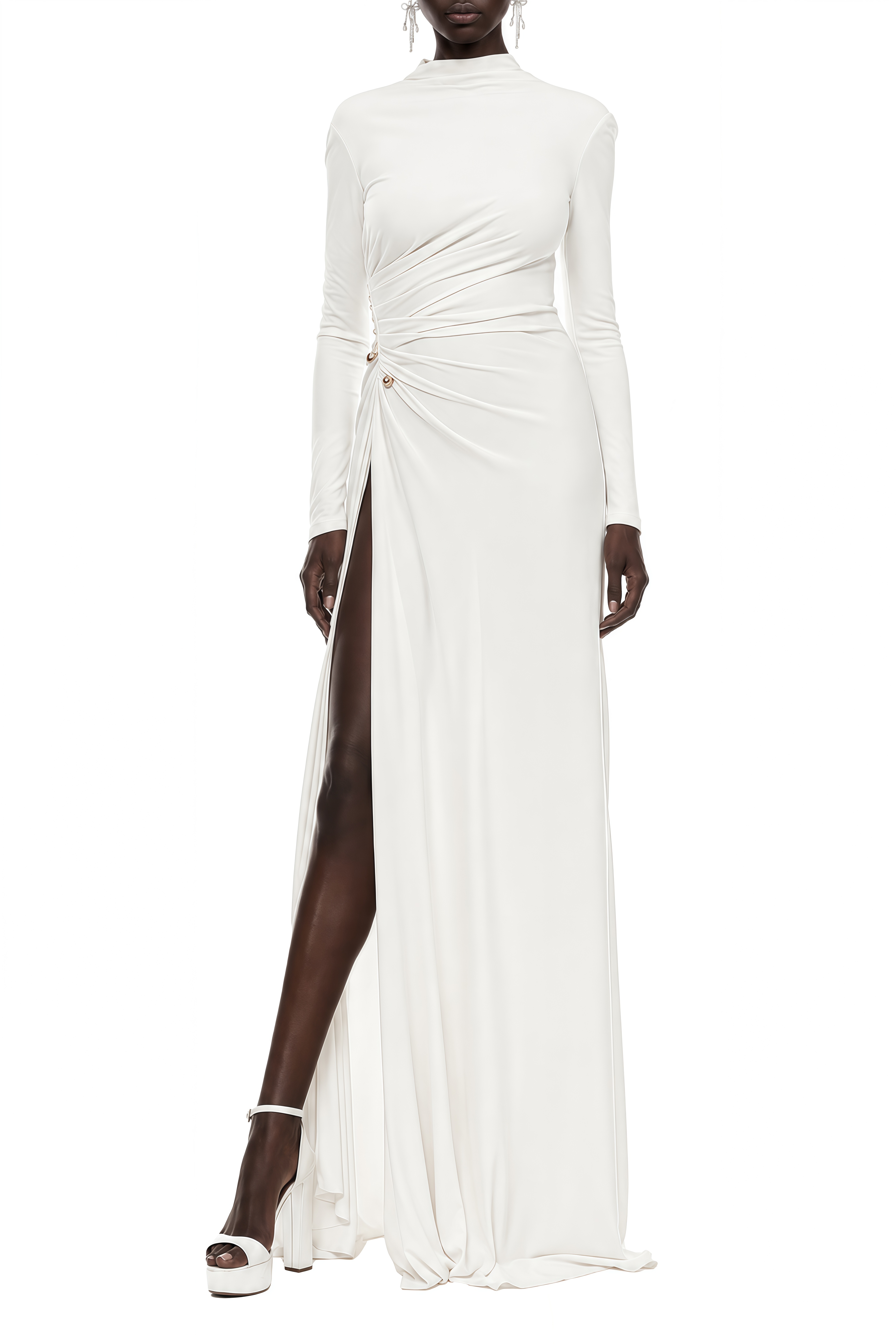 Liora White Turtleneck Ruched Maxi Dress
