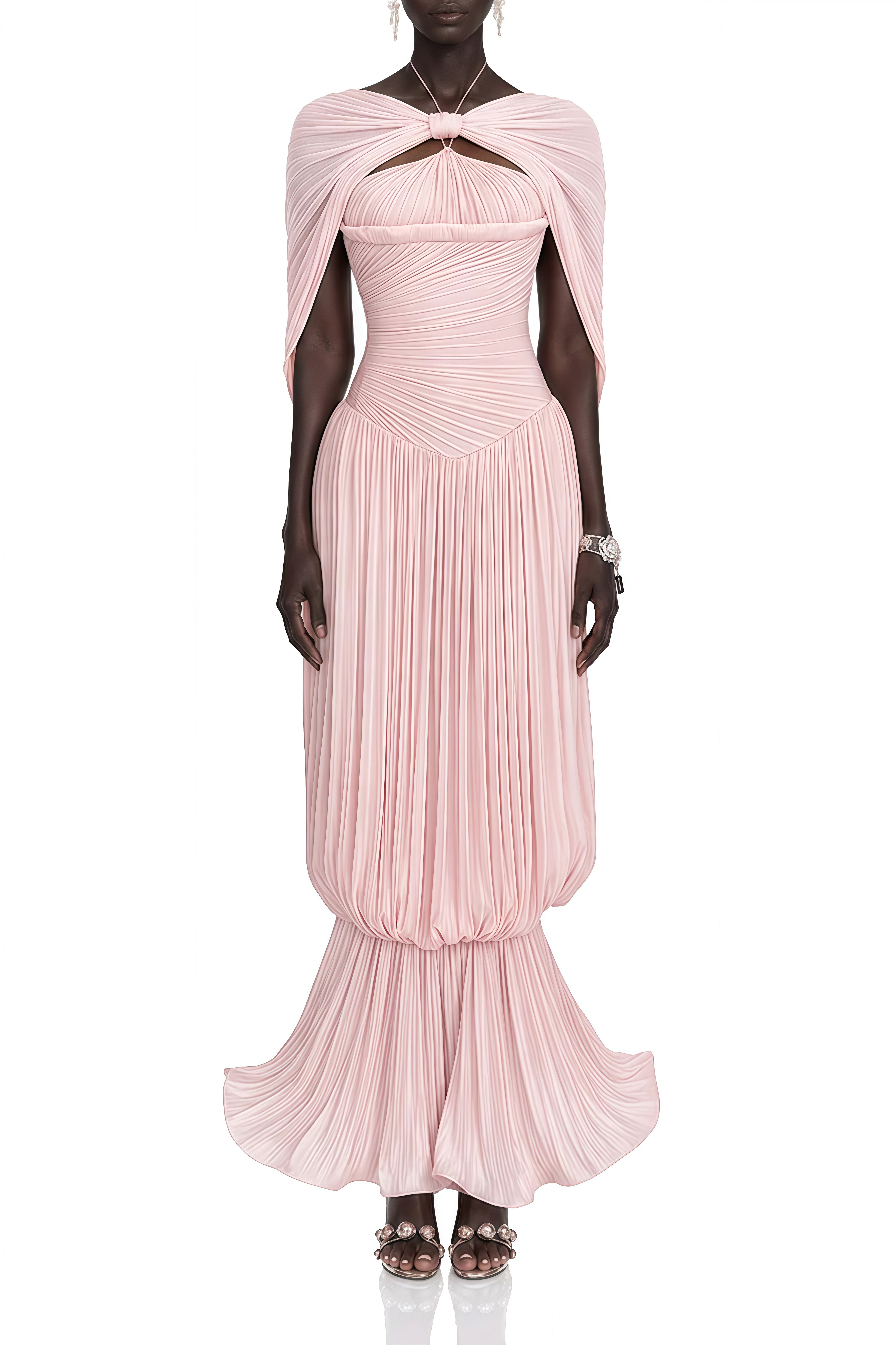 Florence Pink Cape Design Ruffled Maxi Dress