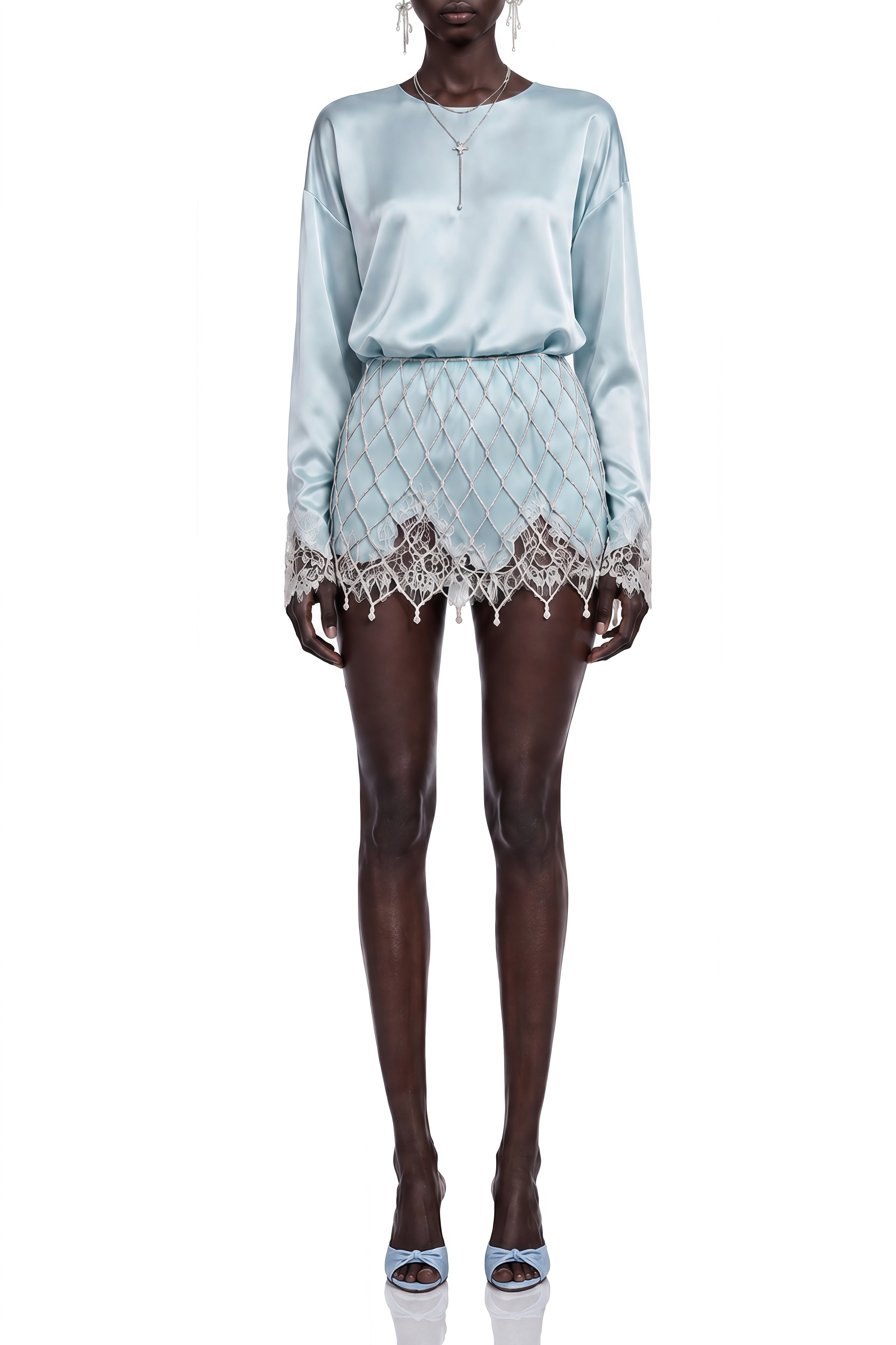 Eulalia Blue Round Neck Lace Blouse & Pearl Skirt Set