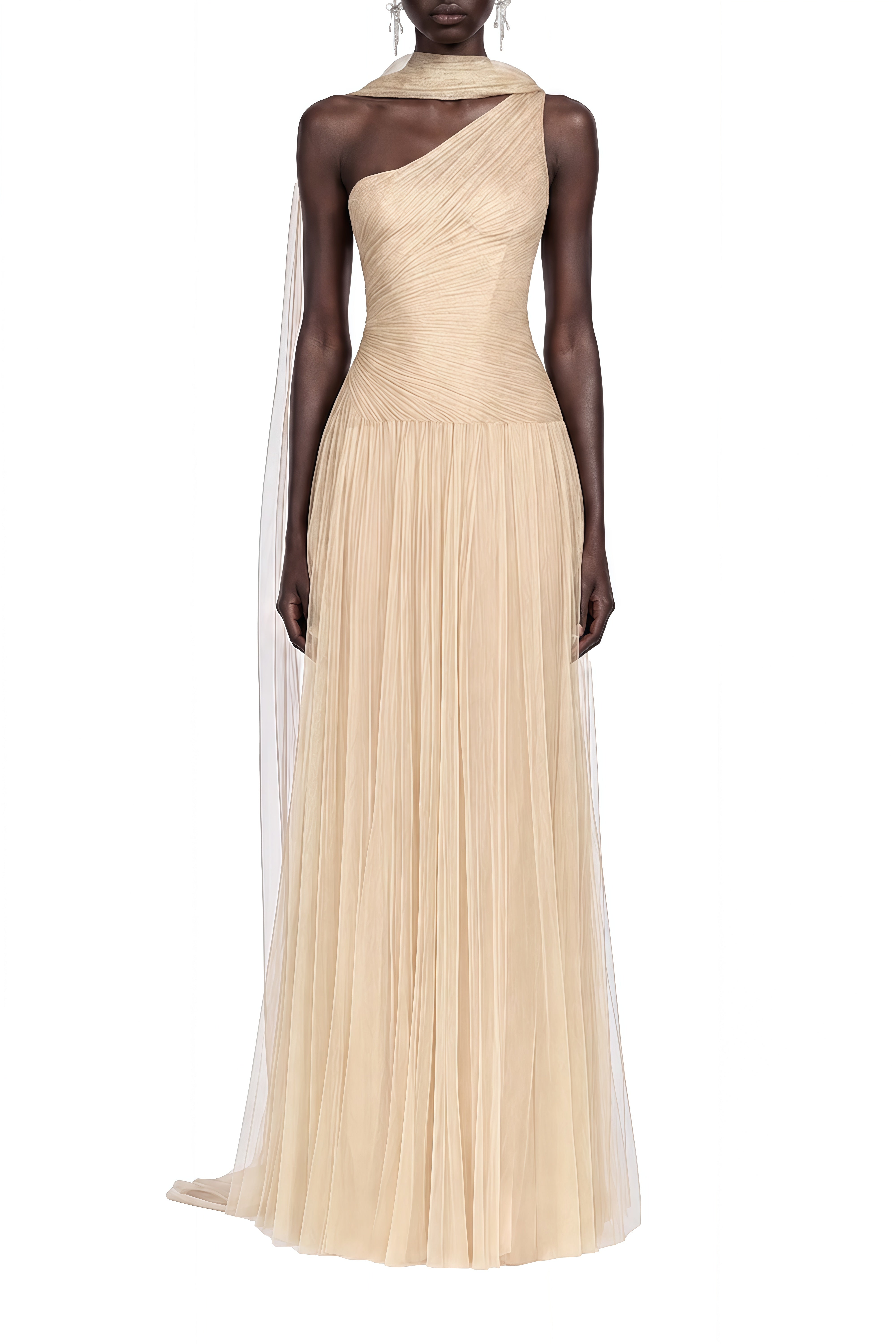 Coralie Champagne Asymmetrical Draped Maxi Dress
