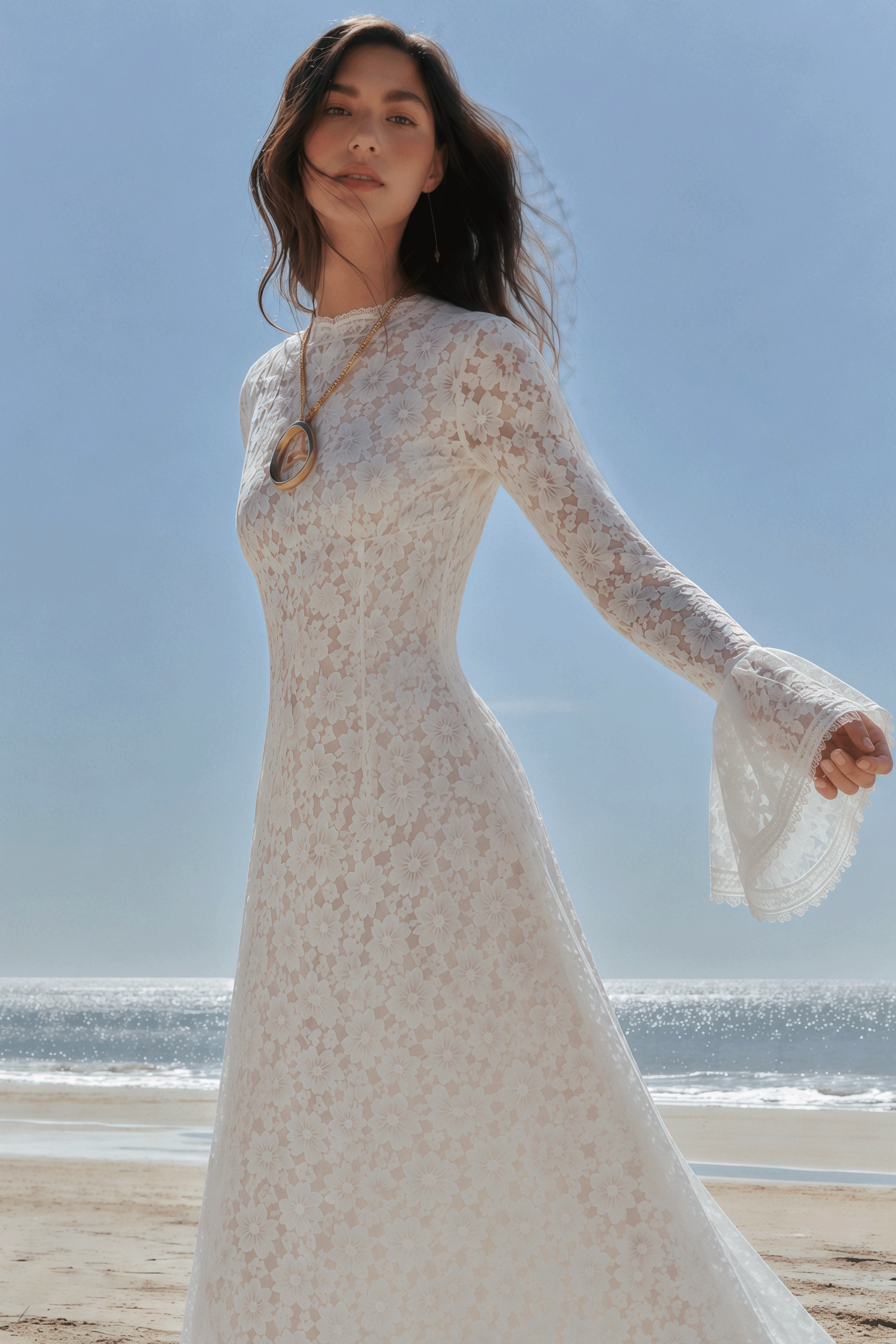 Katherine Cream White Floral Lace Pleated Maxi Dress