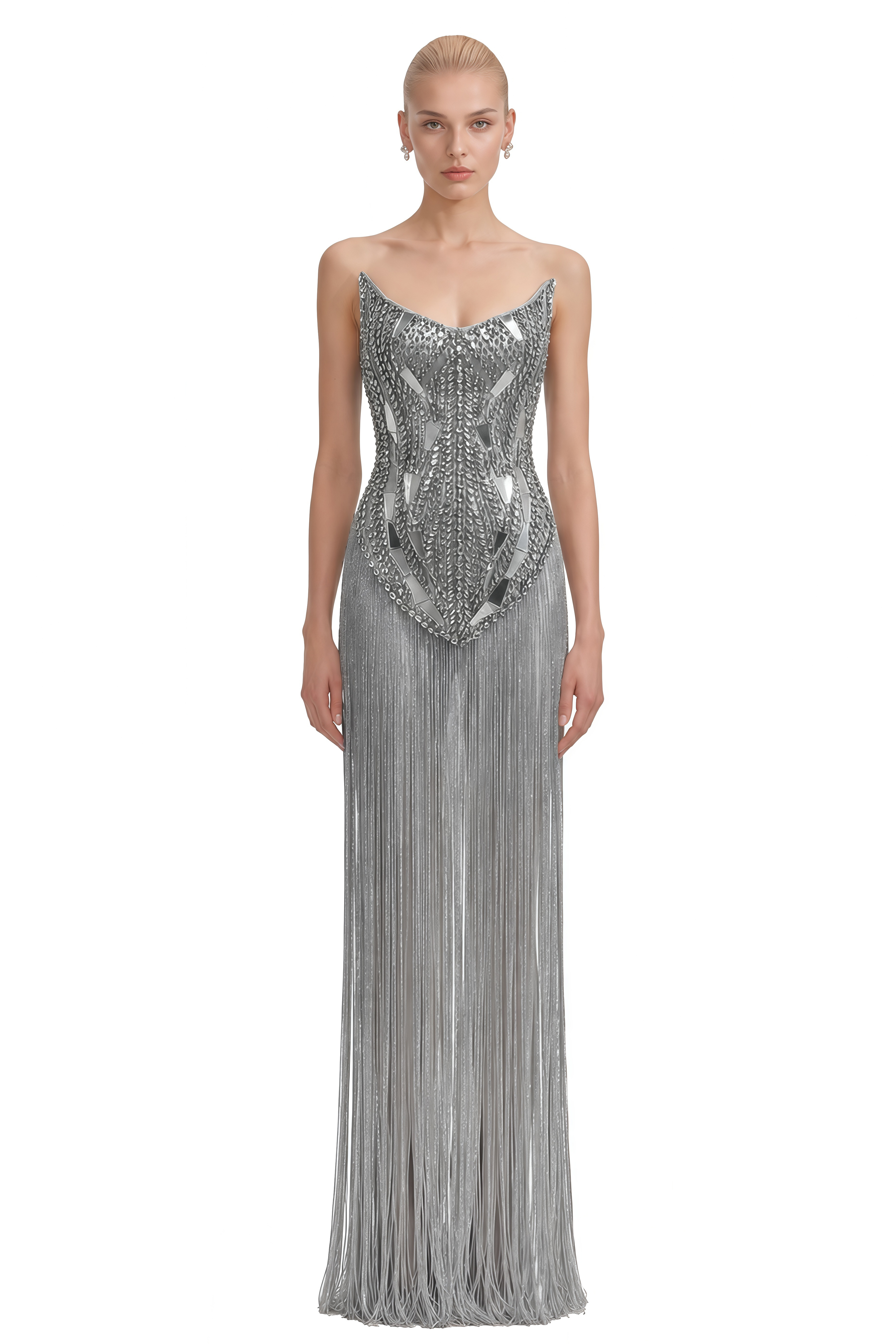 Isadora Grey Strapless Fringe Maxi Dress