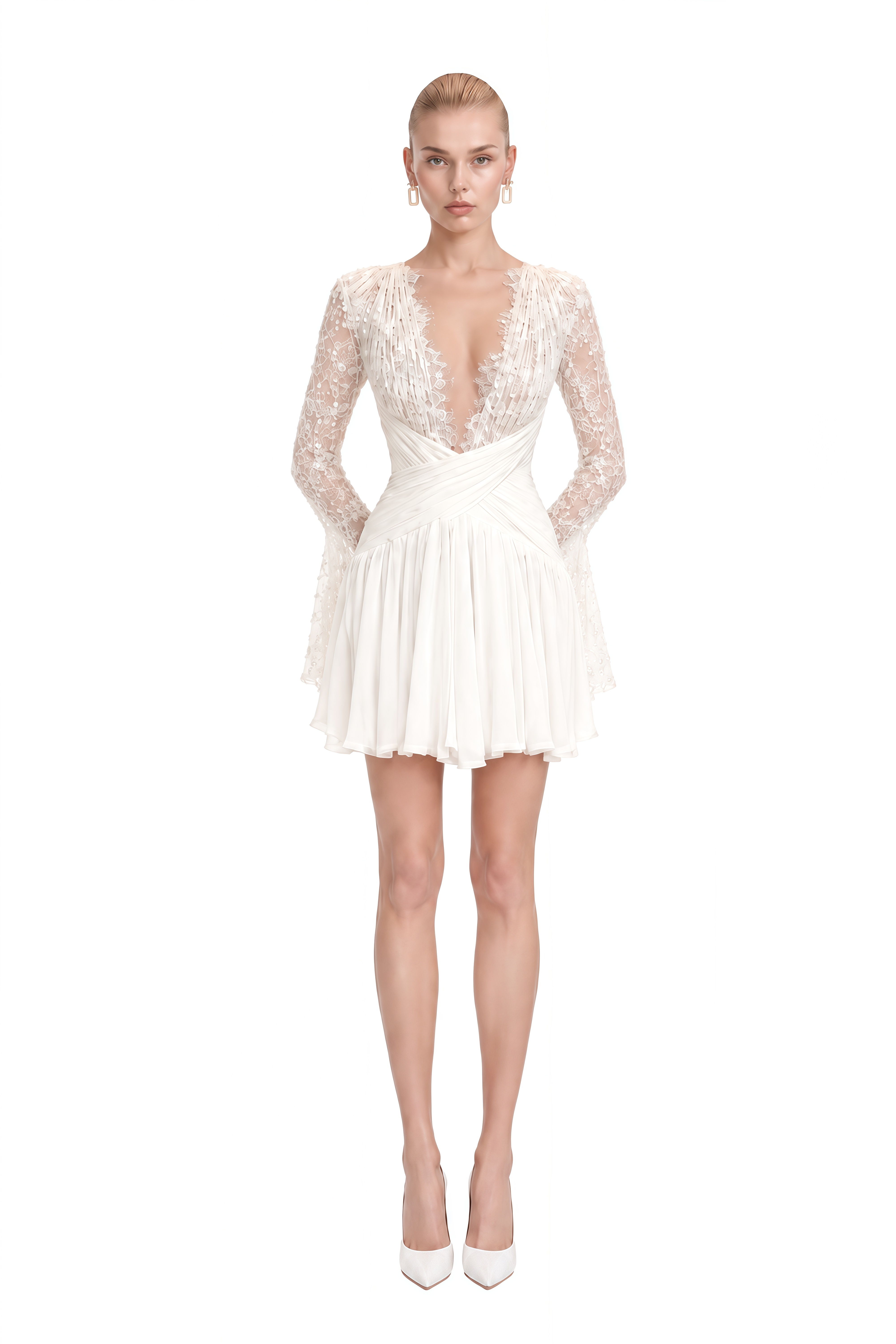 Nerissa White Long Sleeves Pleated Mini Dress
