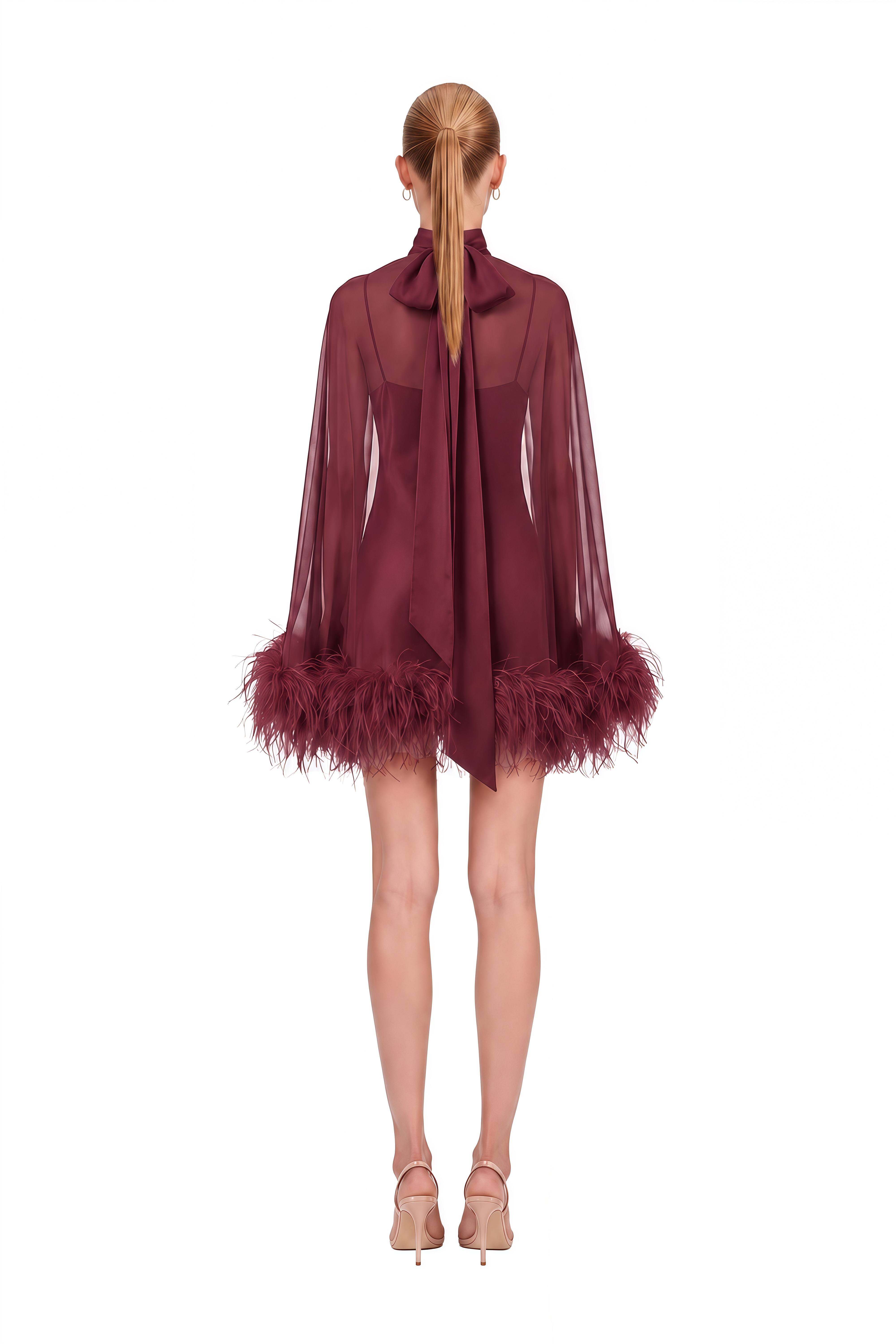 Ivy Red Turtleneck Feather-Trim Mini Dress