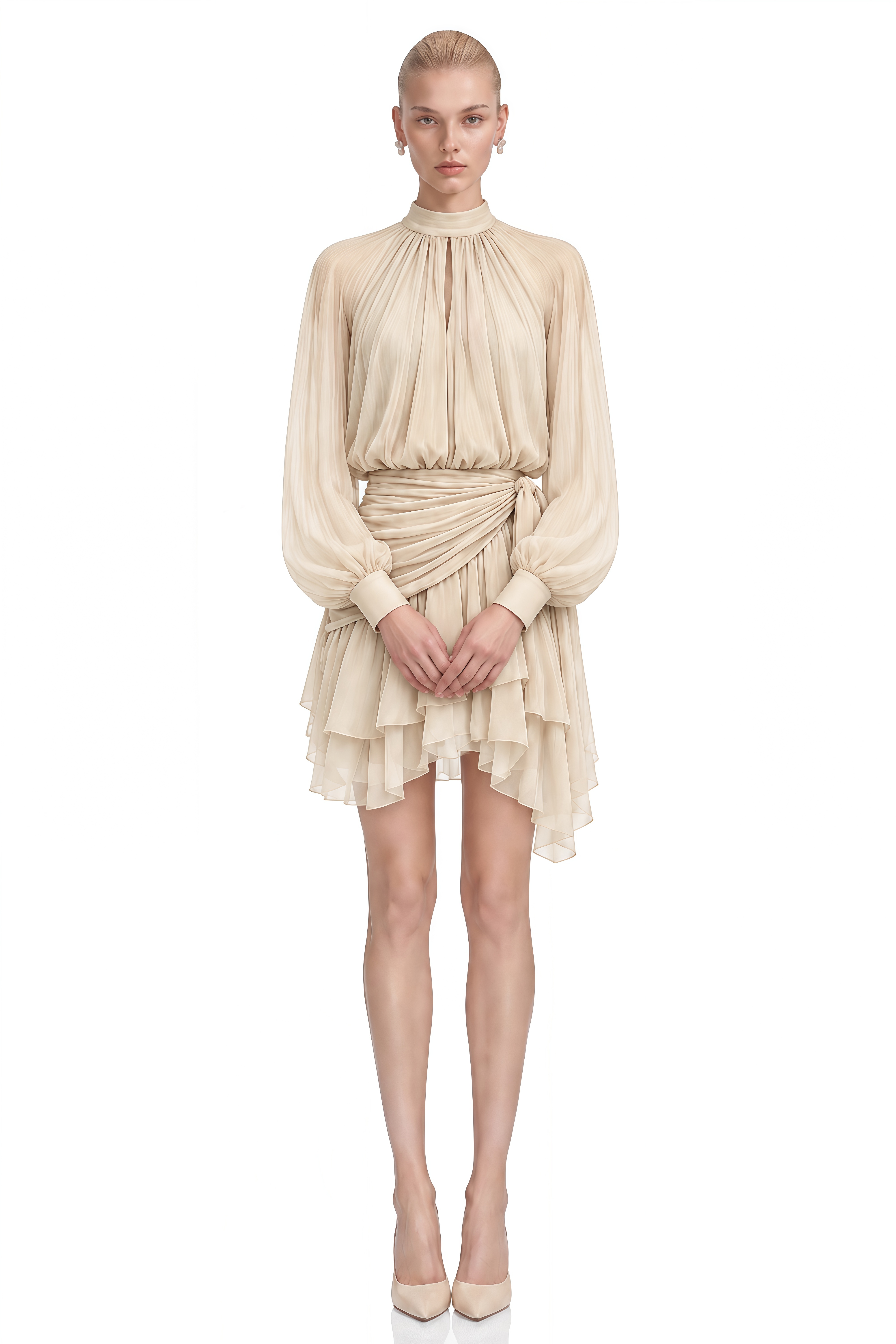 Margaret Champagne Turtleneck Ruffled Mini Dress