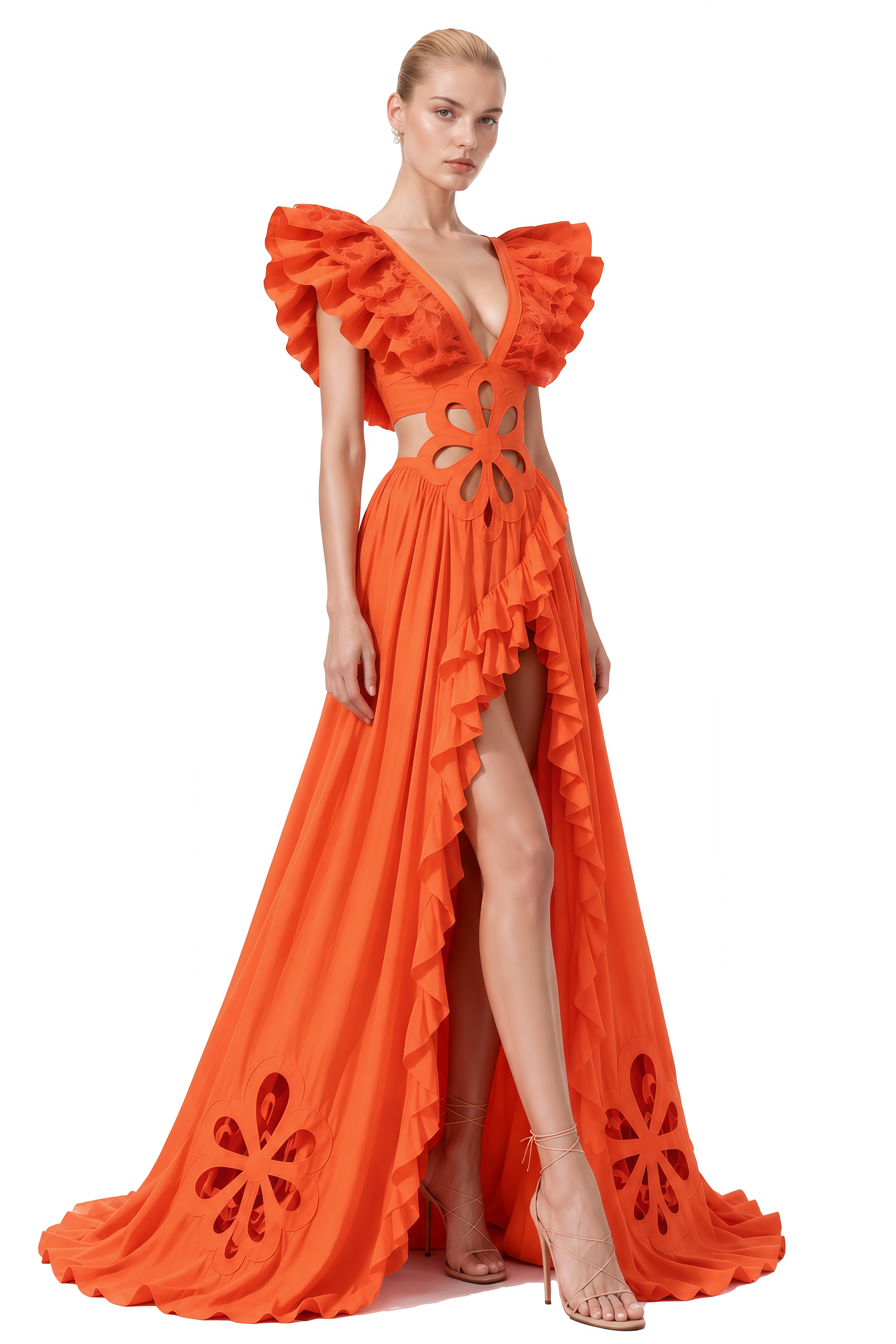 Vesper Orange Sleeveless Floral Cut-Out Maxi Dress