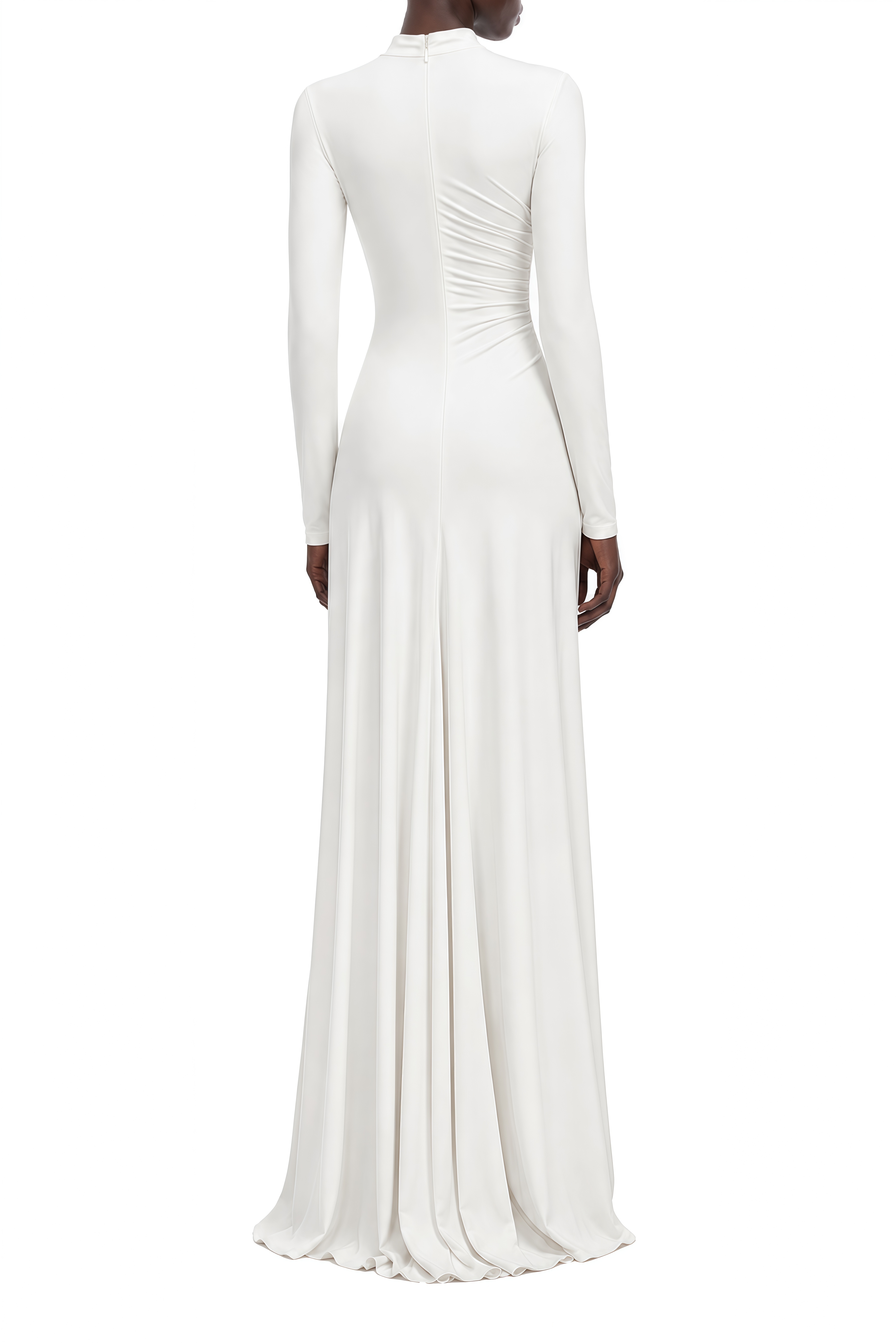 Liora White Turtleneck Ruched Maxi Dress