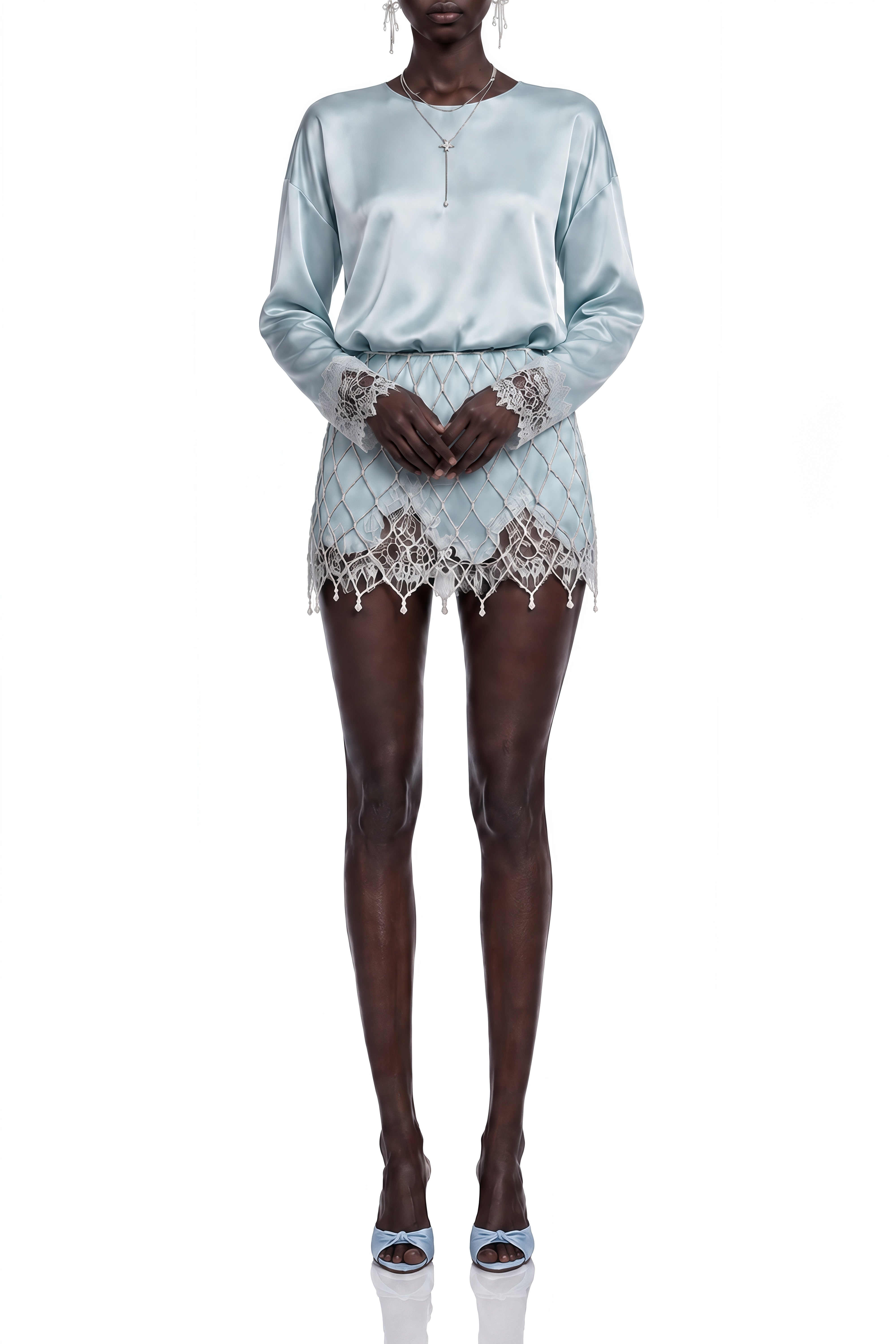 Eulalia Blue Round Neck Lace Blouse & Pearl Skirt Set