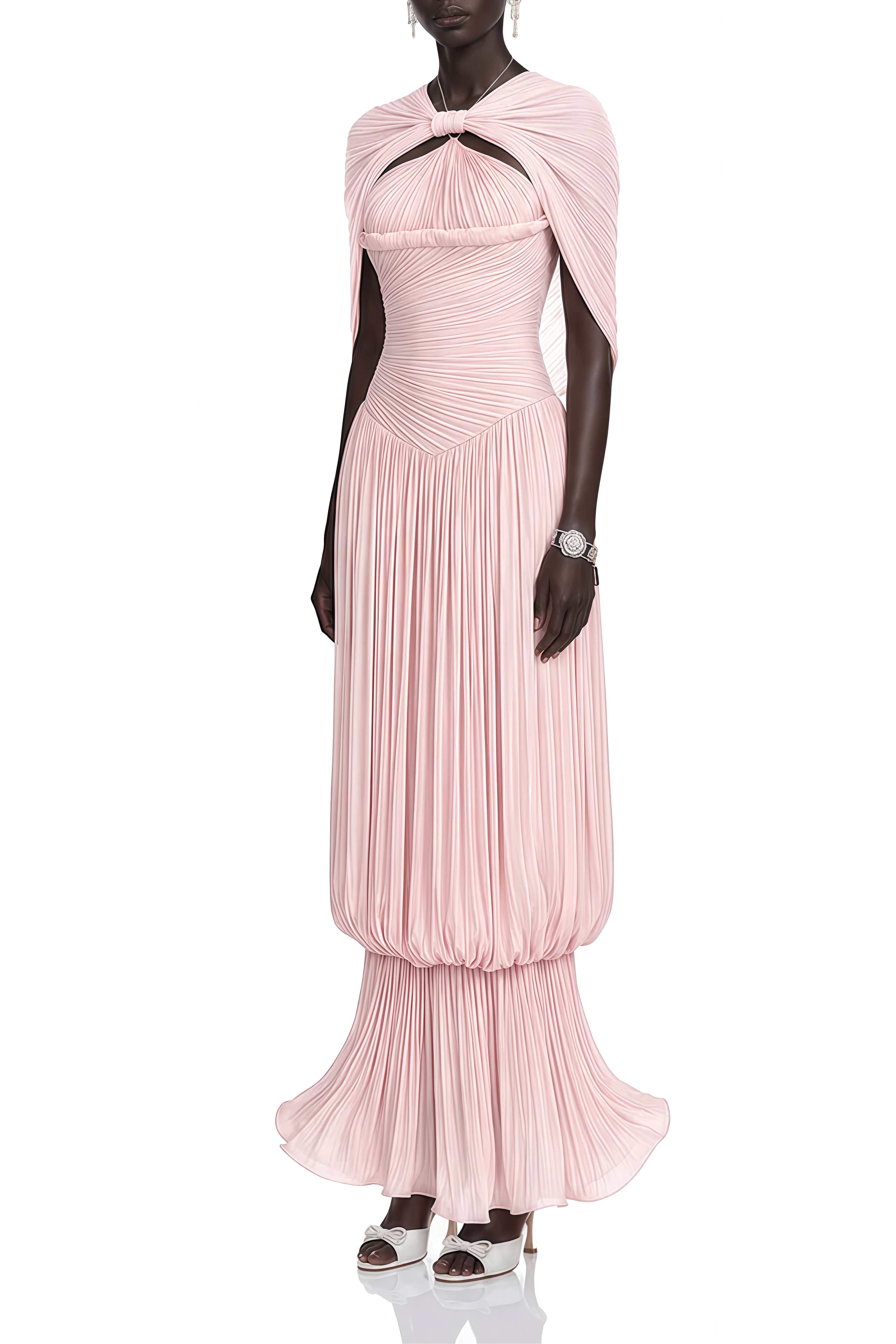 Florence Pink Cape Design Ruffled Maxi Dress