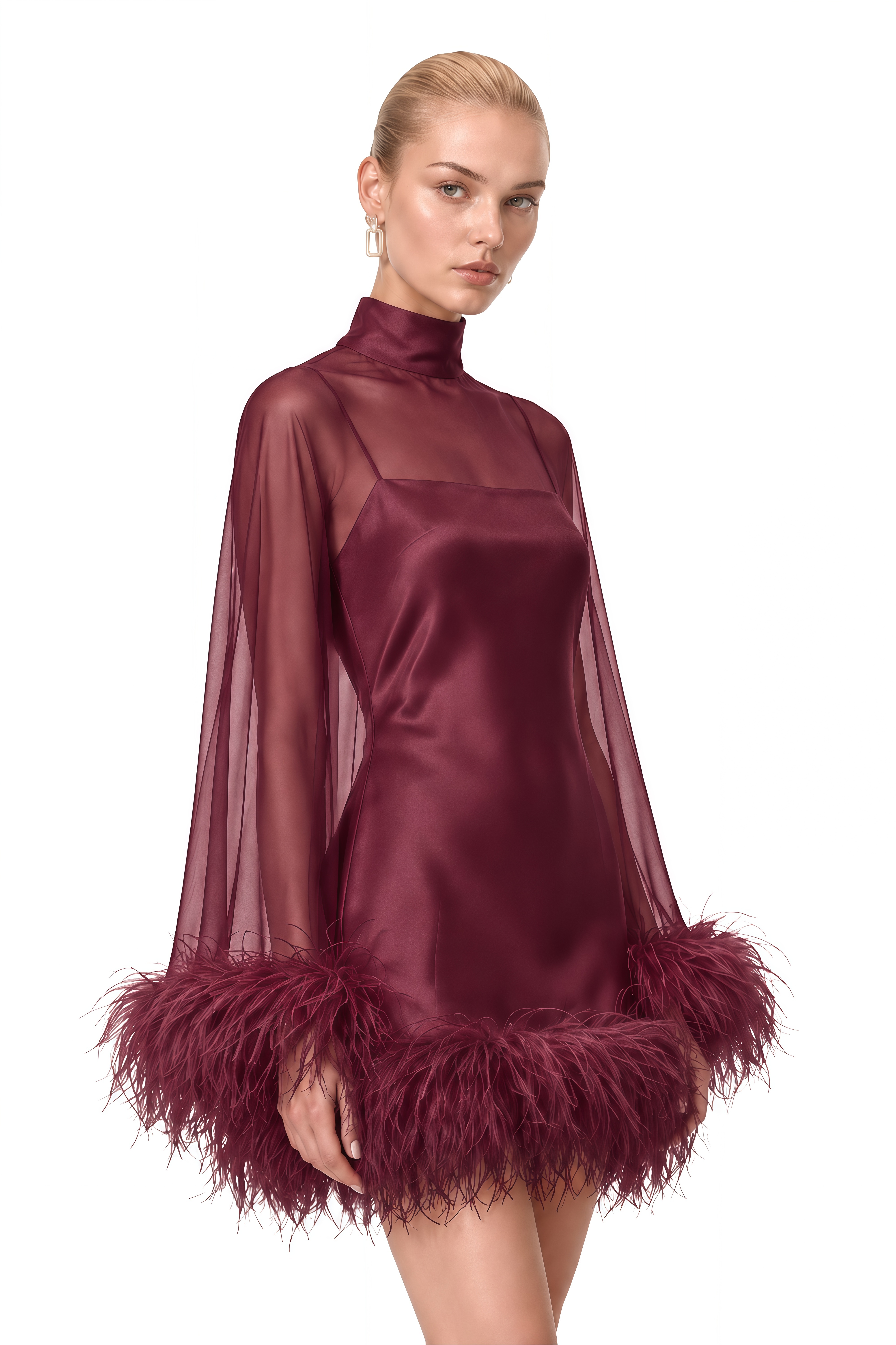 Ivy Red Turtleneck Feather-Trim Mini Dress